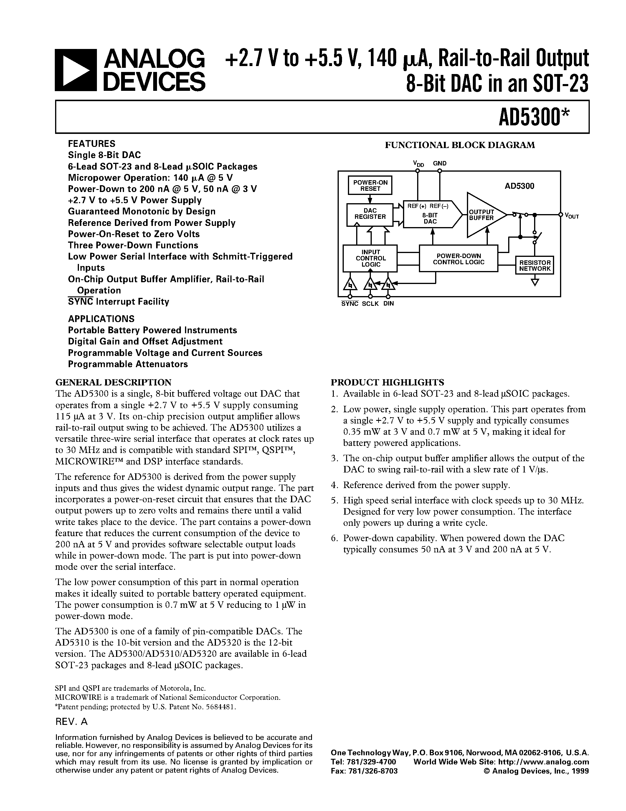 Datasheet AD5300 - 2.5 V to 5.5 V/ 500 uA/ Parallel Interface Quad Voltage-Output 8-/10-/12-Bit DACs page 1