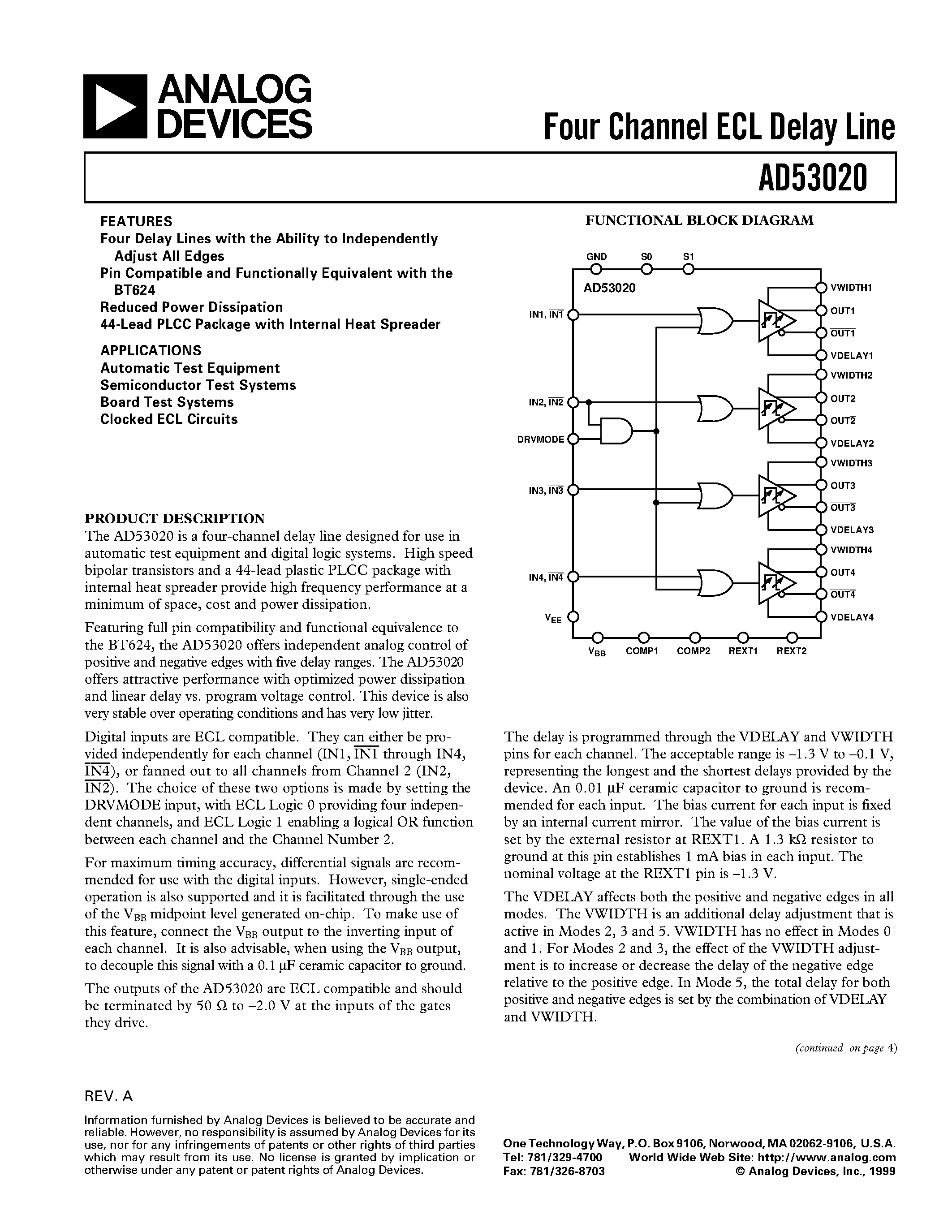 Datasheet AD53020 - Four Channel ECL Delay Line page 1