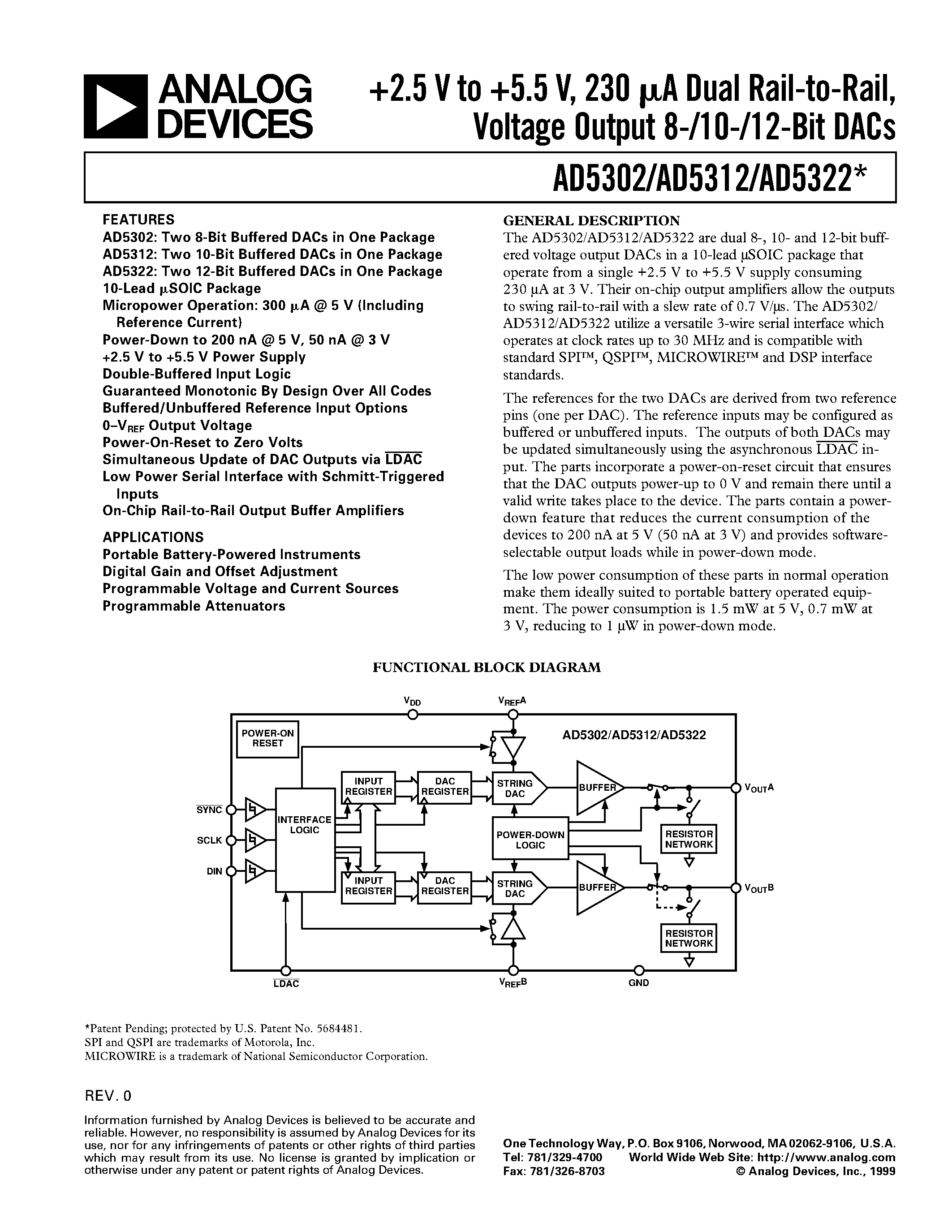 Datasheet AD5302BRM page 1 Datasheet AD5302BRM - +2.5 V to +5.5 V/ 230 uA Dual Rail-to-Rail/ Voltage Output 8-/10-/12-Bit DACs page 1