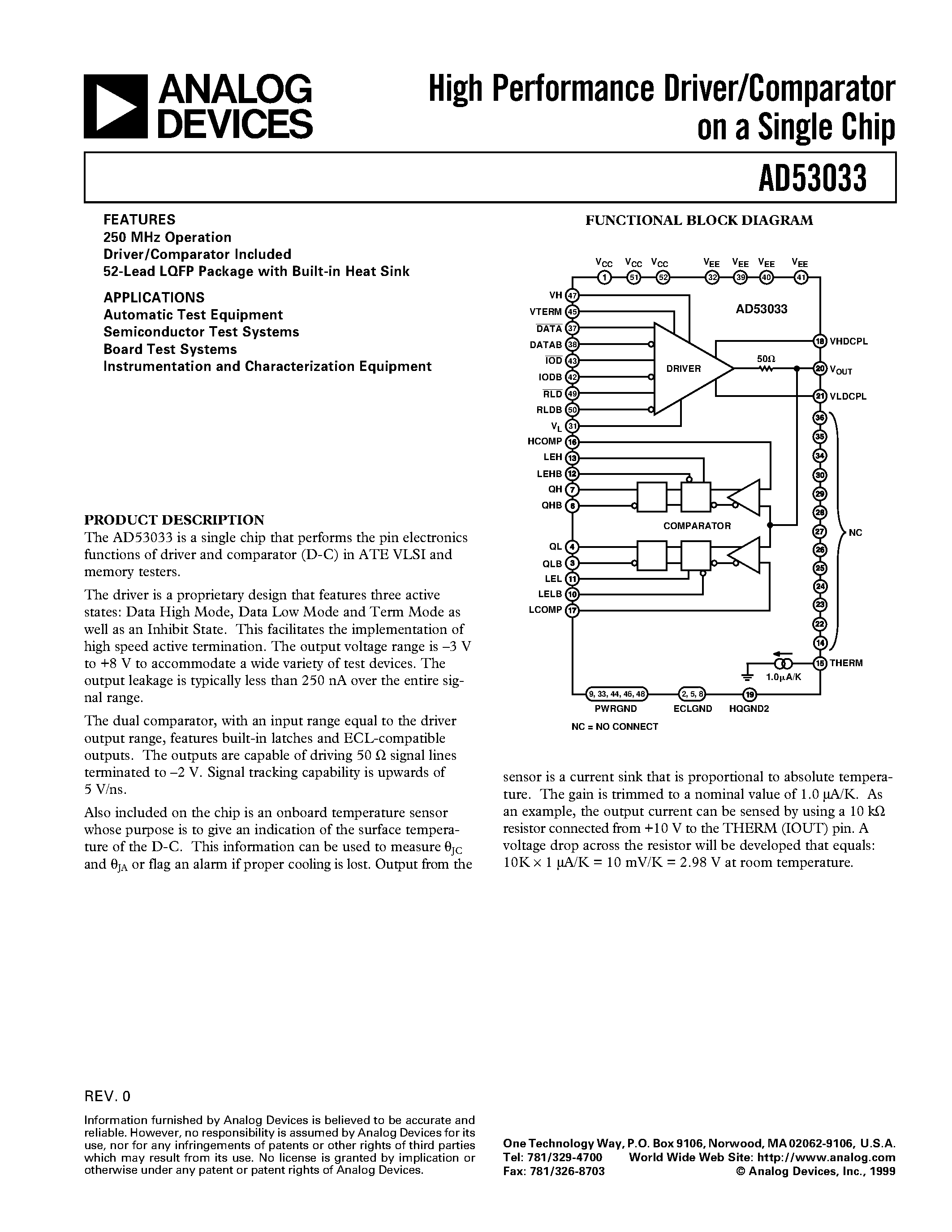 Datasheet AD53033 - High Performance Driver/Comparator on a Single Chip page 1
