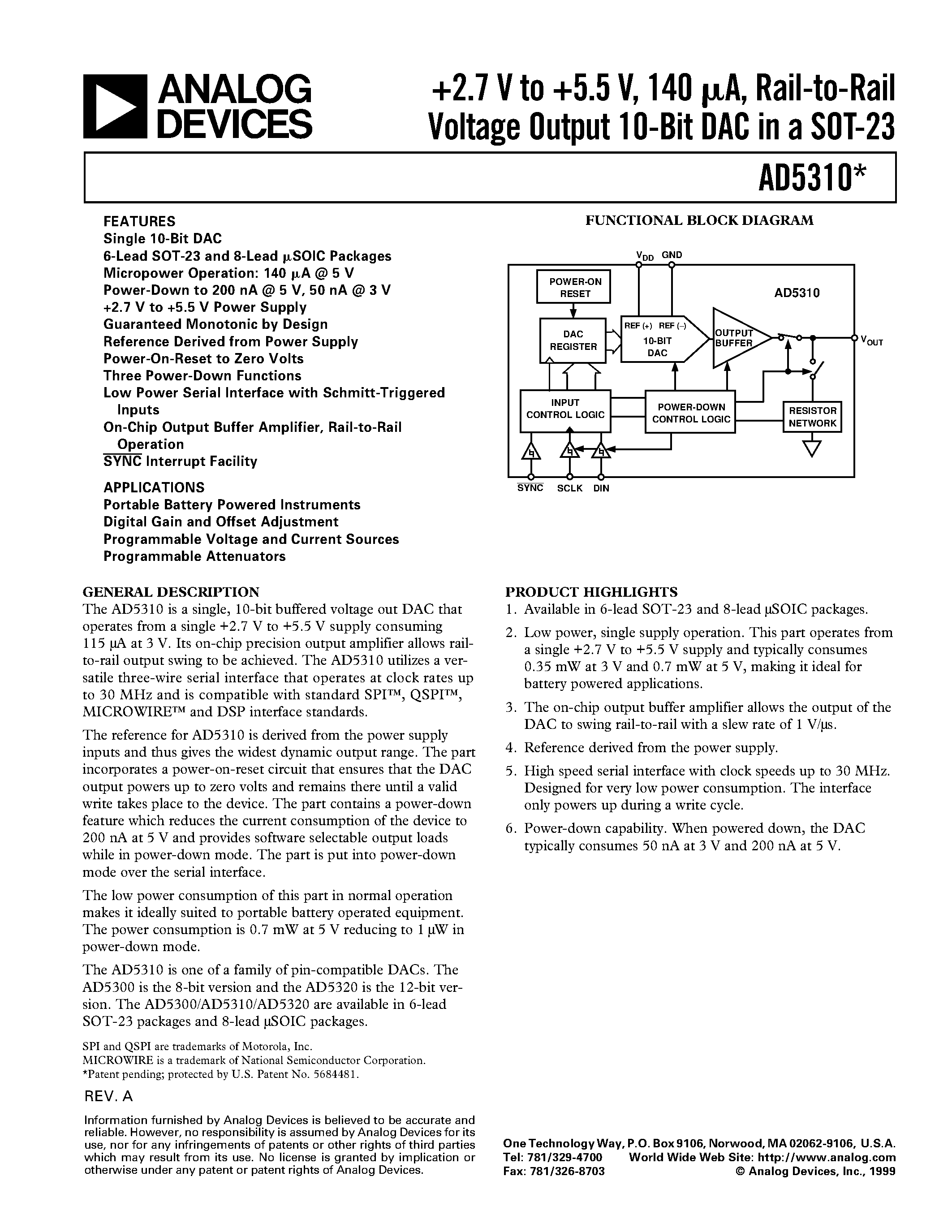 Datasheet AD5310 - 2.5 V to 5.5 V/ 500 uA/ Parallel Interface Quad Voltage-Output 8-/10-/12-Bit DACs page 1