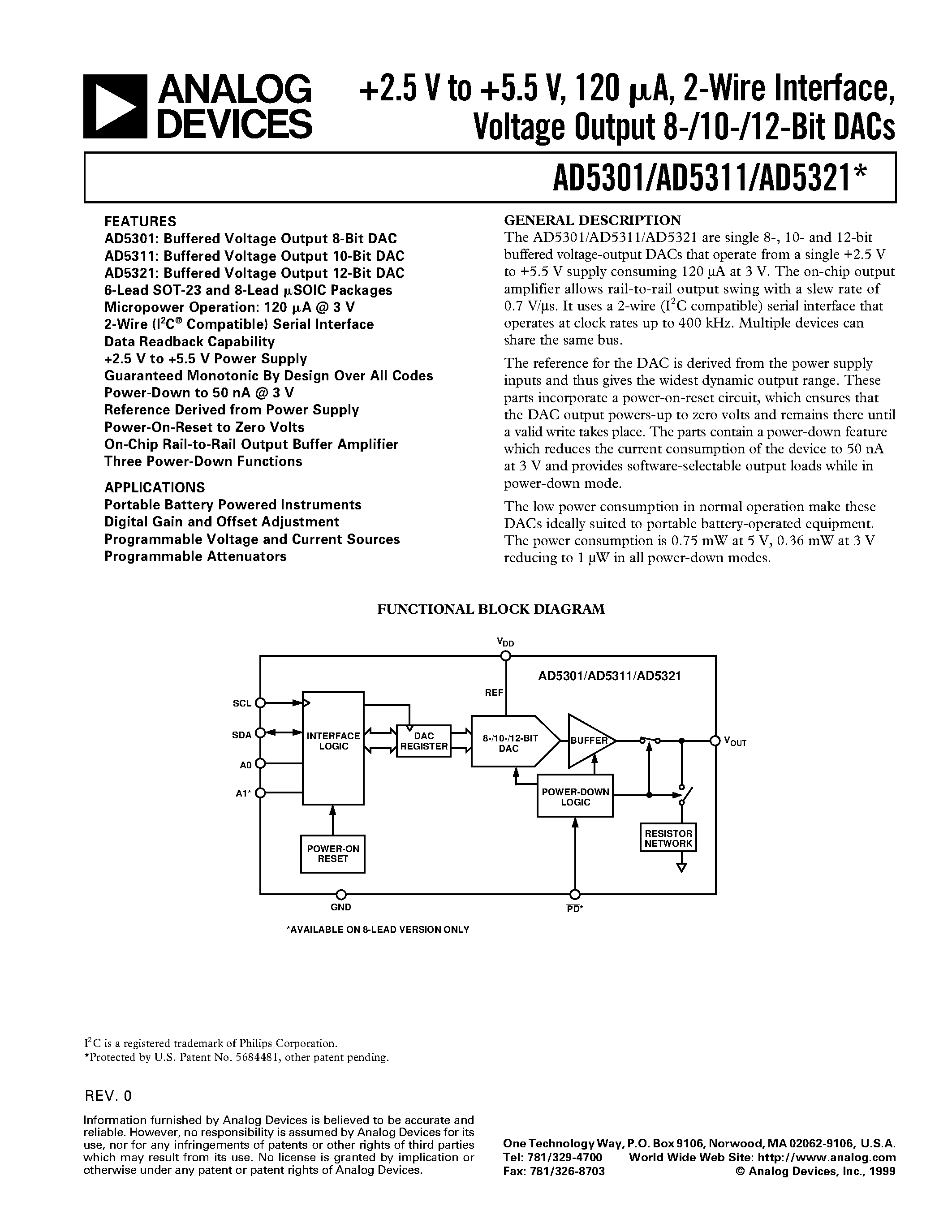 Datasheet AD5311BRT page 1 Datasheet AD5311BRT - +2.5 V to +5.5 V/ 120 uA/ 2-Wire Interface/ Voltage Output 8-/10-/12-Bit DACs page 1