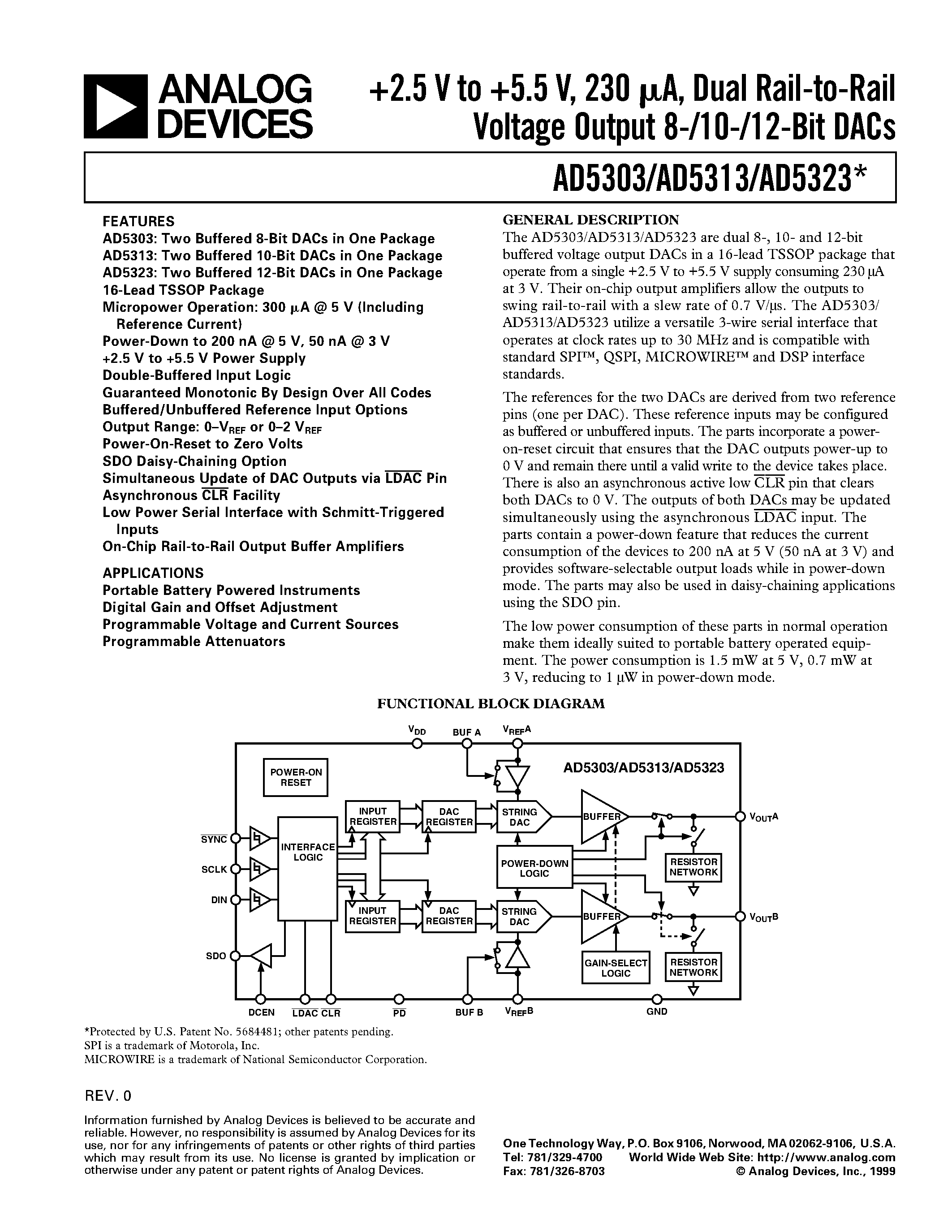Datasheet AD5313 - 2.5 V to 5.5 V/ 500 uA/ Parallel Interface Quad Voltage-Output 8-/10-/12-Bit DACs page 1