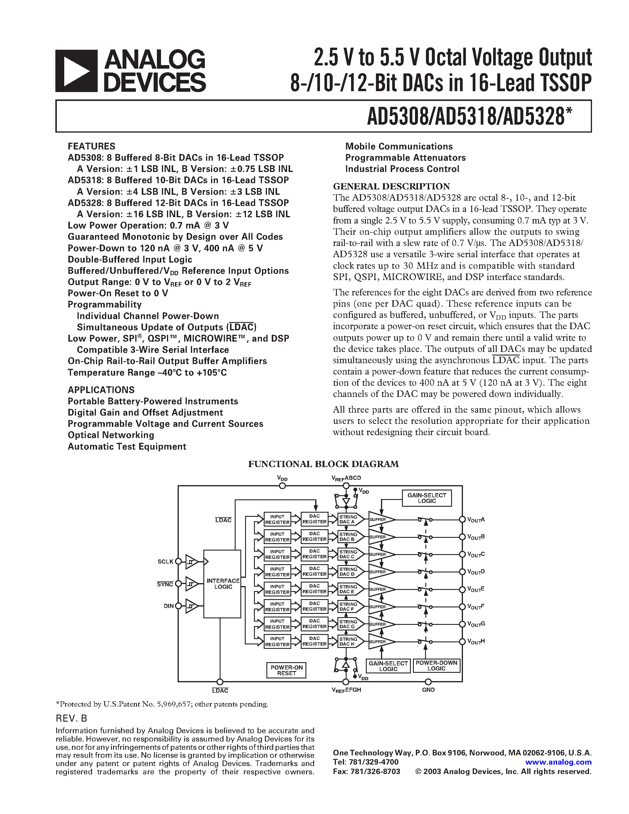 Datasheet AD5318 - 2.5 V to 5.5 V Octal Voltage Output 8-/10-/12-Bit DACs in 16-Lead TSSOP page 1