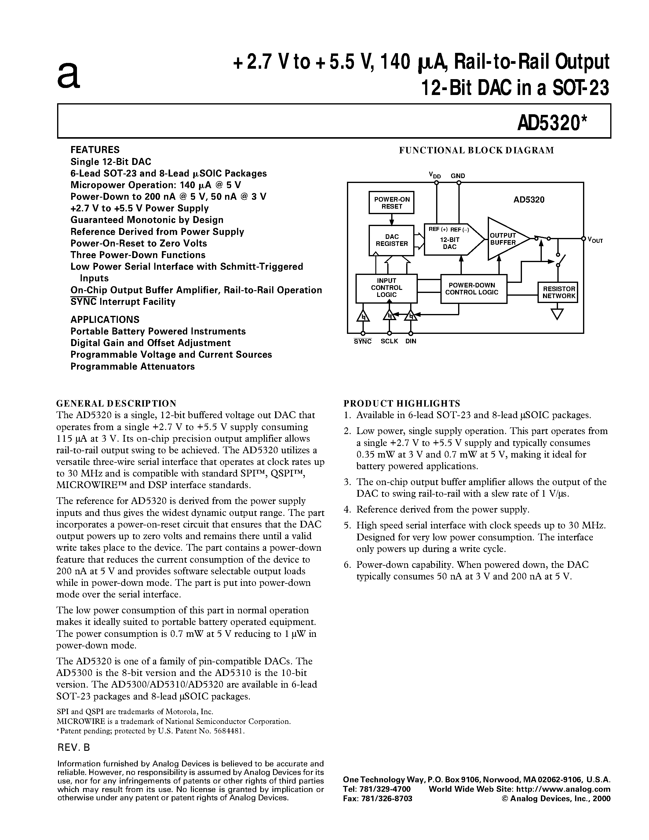 Datasheet AD5320 - 2.5 V to 5.5 V/ 500 uA/ Parallel Interface Quad Voltage-Output 8-/10-/12-Bit DACs page 1
