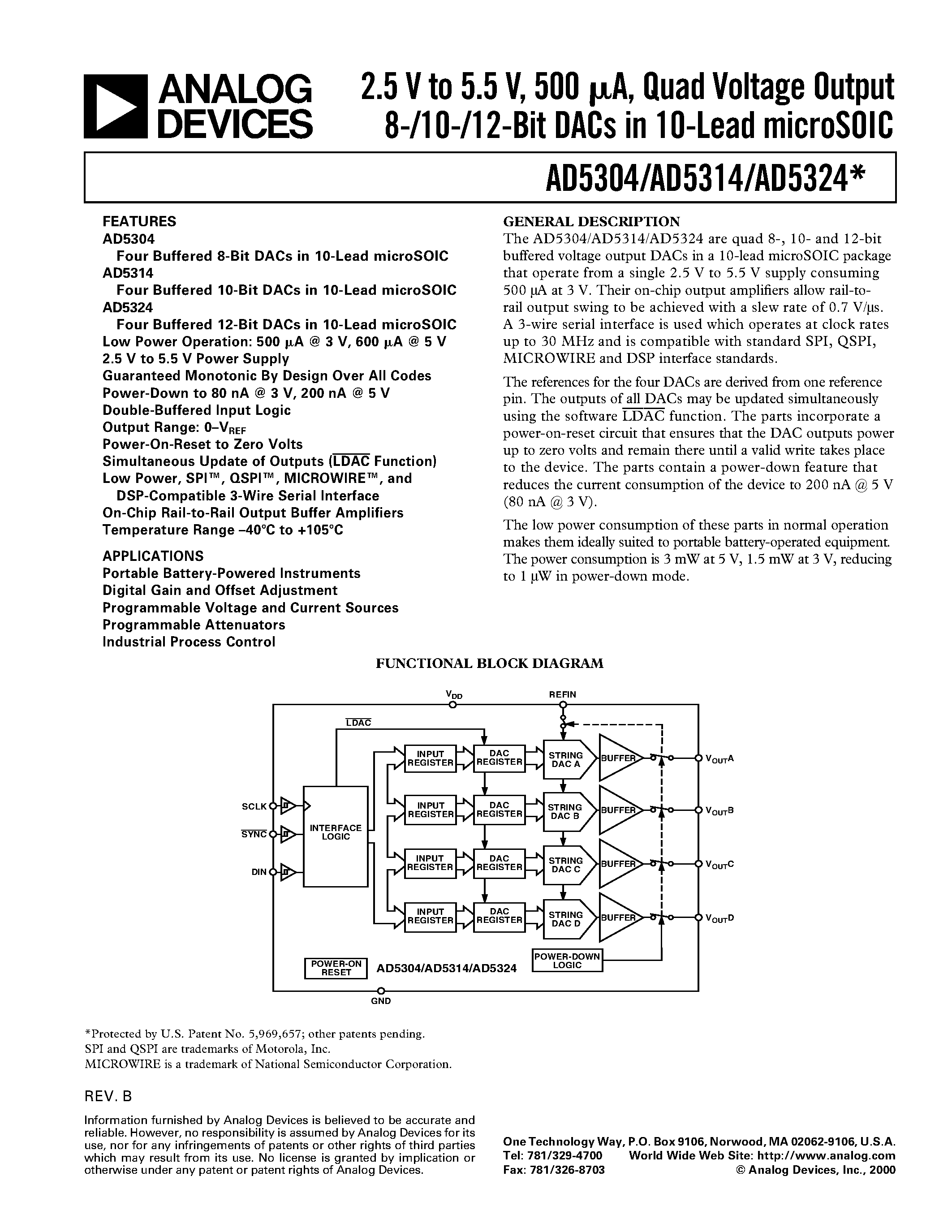Datasheet AD5324 - 2.5 V to 5.5 V/ 500 uA/ Parallel Interface Quad Voltage-Output 8-/10-/12-Bit DACs page 1