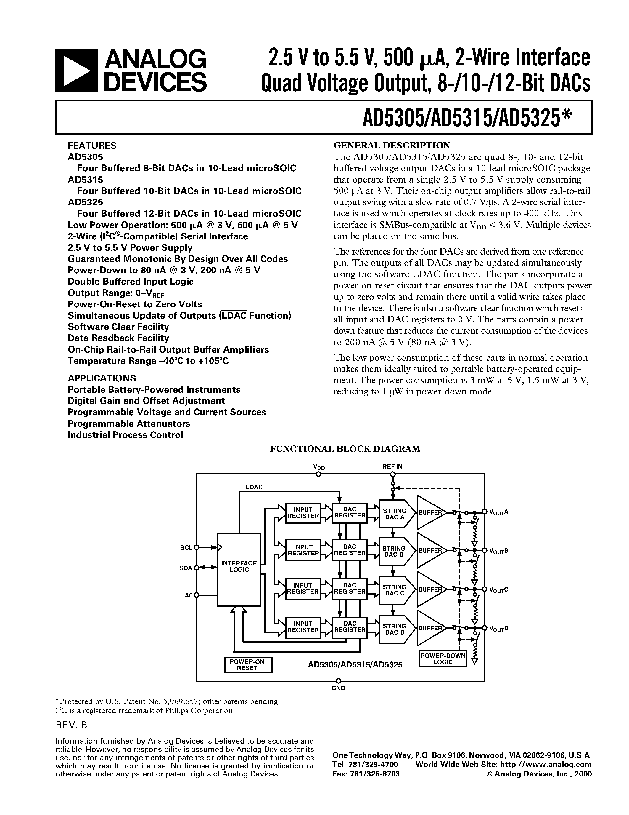Datasheet AD5326 - 2.5 V to 5.5 V/ 500 uA/ Parallel Interface Quad Voltage-Output 8-/10-/12-Bit DACs page 1