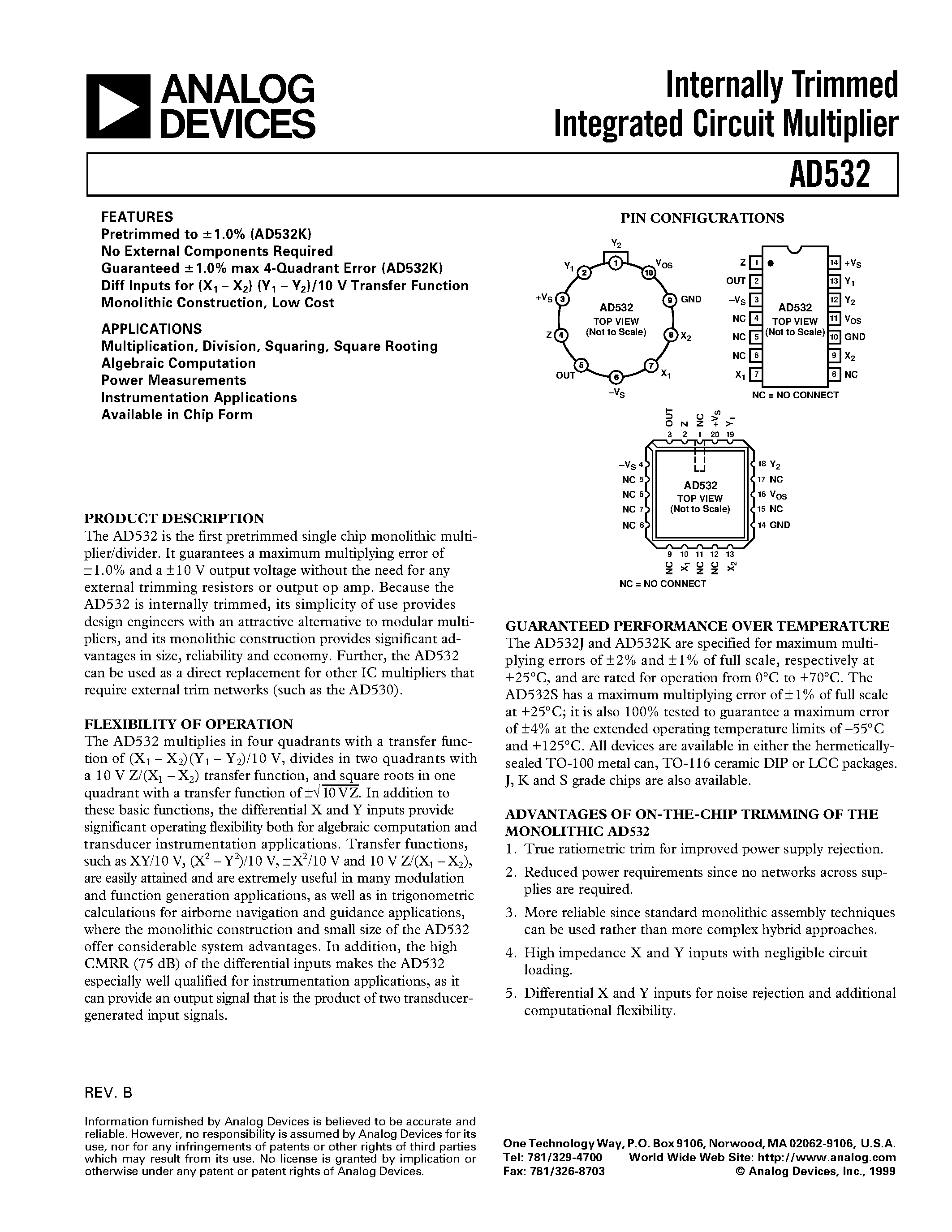 Datasheet AD532KD+ - Internally Trimmed Integrated Circuit Multiplier page 1
