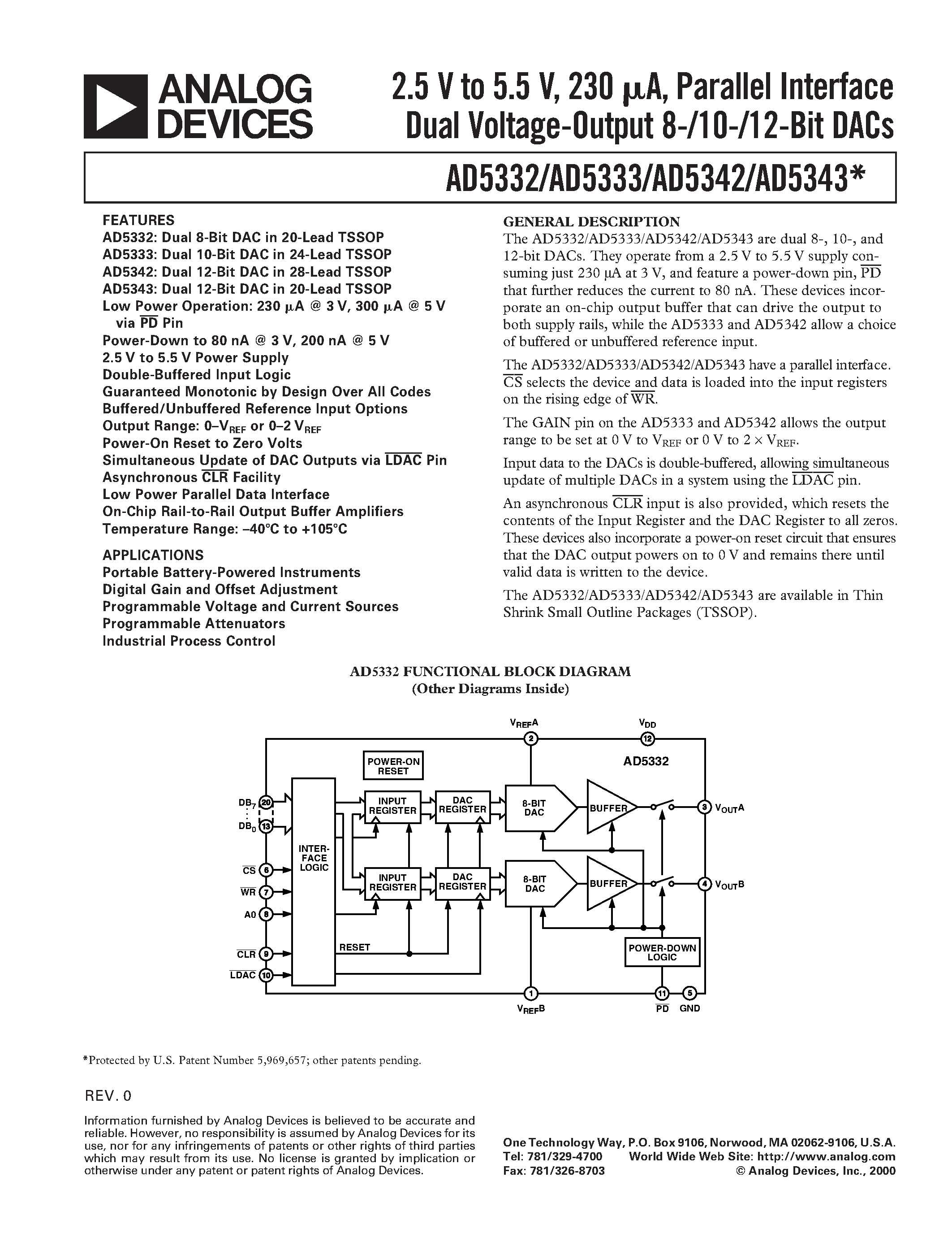 Datasheet AD5332 - 2.5 V to 5.5 V/ 500 uA/ Parallel Interface Quad Voltage-Output 8-/10-/12-Bit DACs page 1