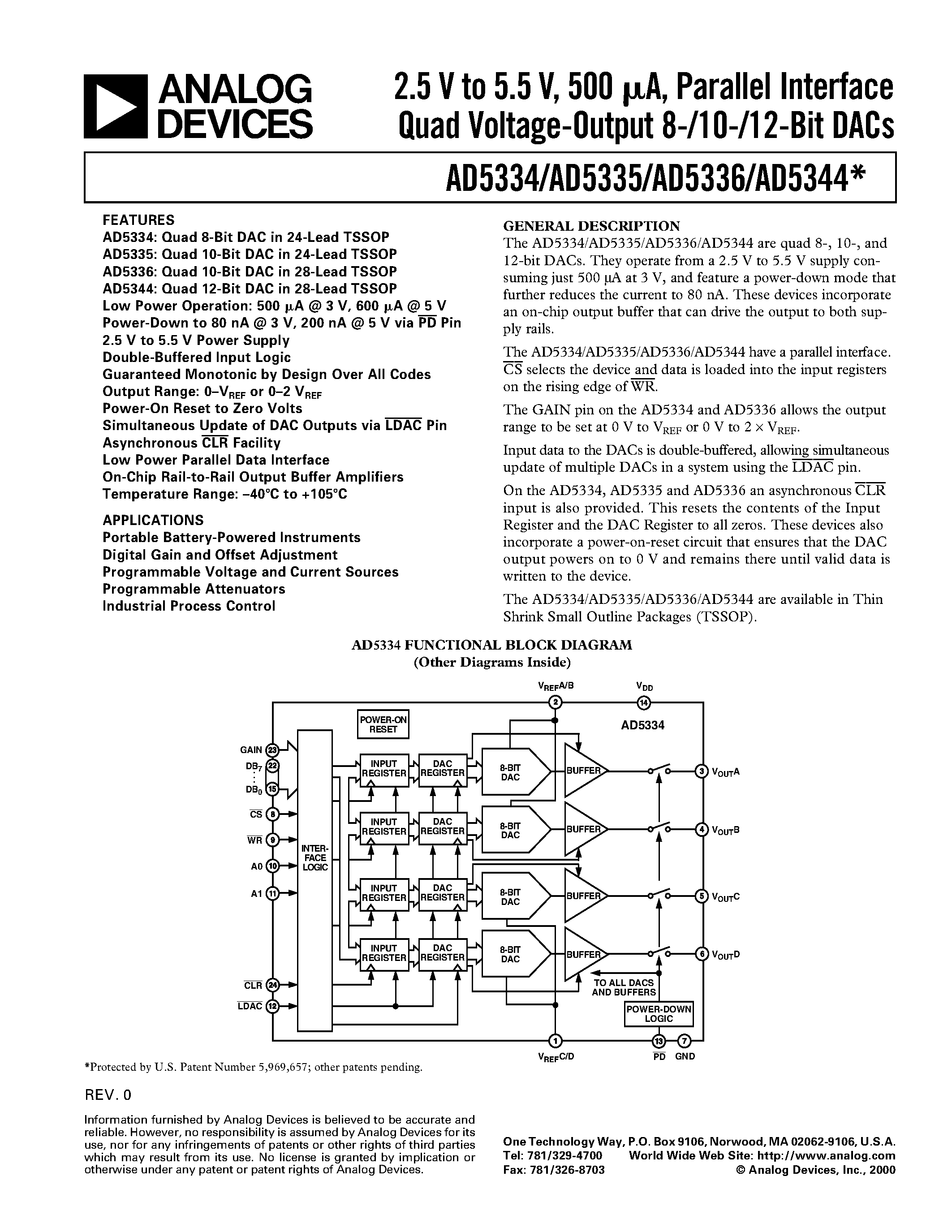 Datasheet AD5335BRU - 2.5 V to 5.5 V/ 500 uA/ Parallel Interface Quad Voltage-Output 8-/10-/12-Bit DACs page 1