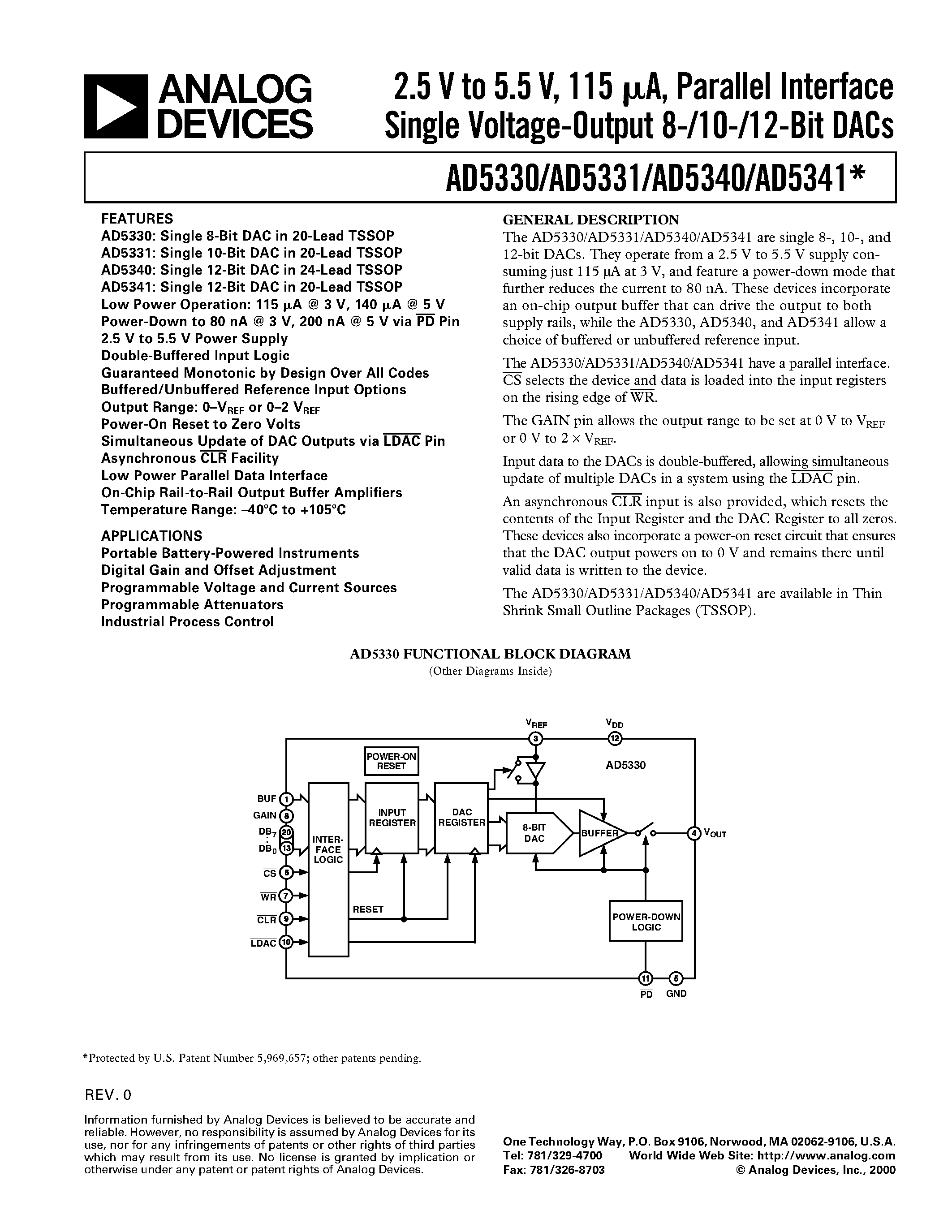 Datasheet AD5342 - 2.5 V to 5.5 V/ 500 uA/ Parallel Interface Quad Voltage-Output 8-/10-/12-Bit DACs page 1
