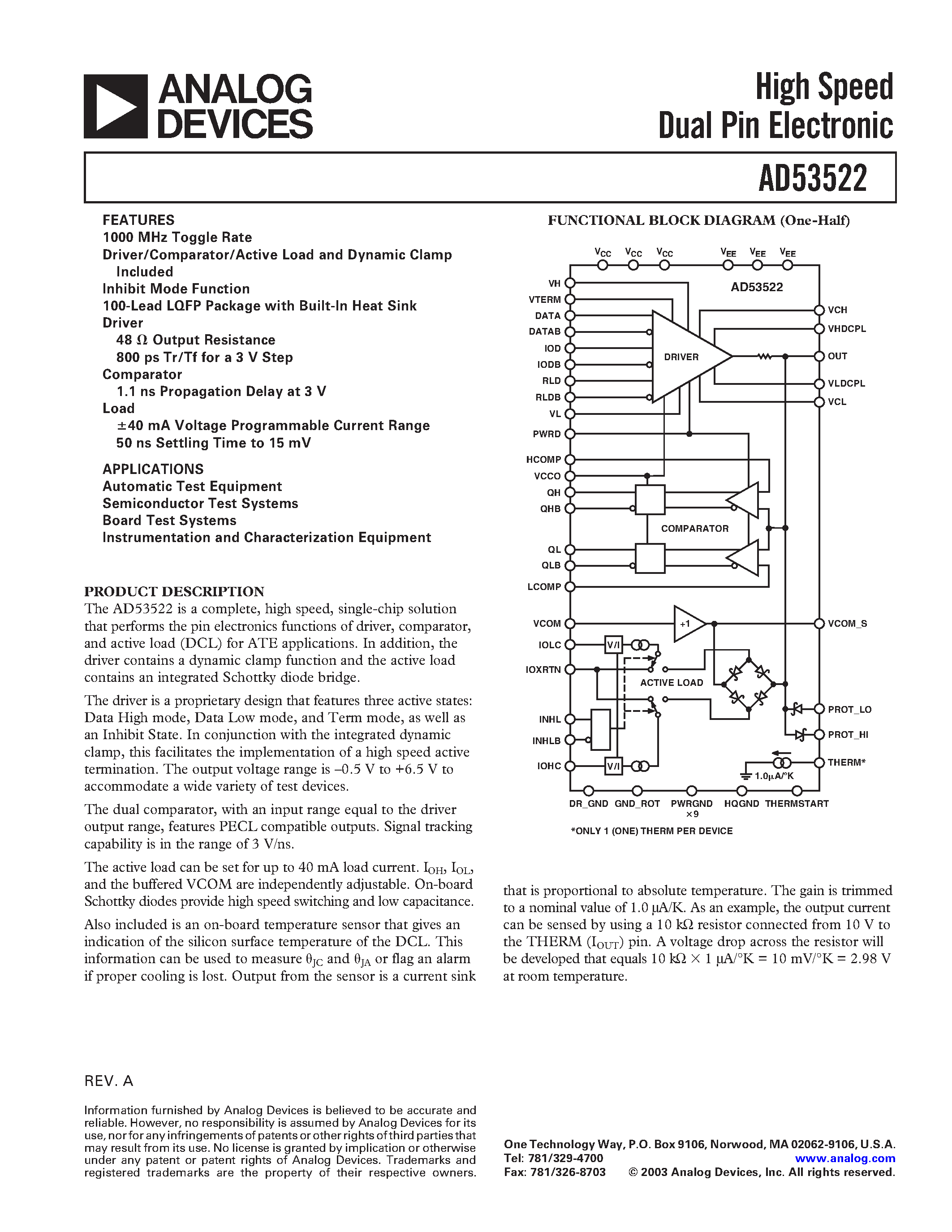 Datasheet AD53522 page 1 Datasheet AD53522 - High Speed Dual Pin Electronic page 1