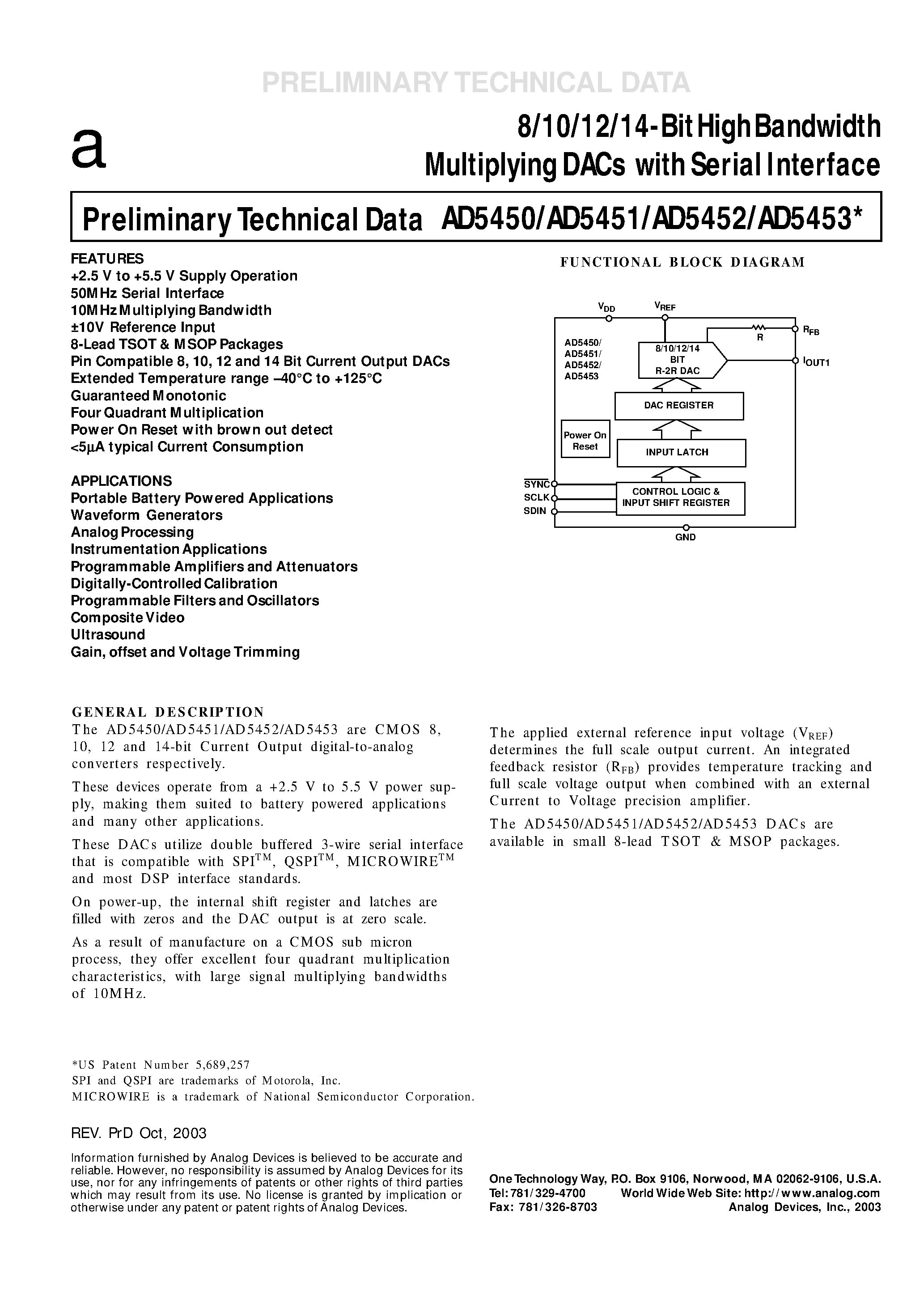 Datasheet AD5452 page 1 Datasheet AD5452 - 8/10/12/14-Bit High Bandwidth Multiplying DACs with Serial Interface page 1