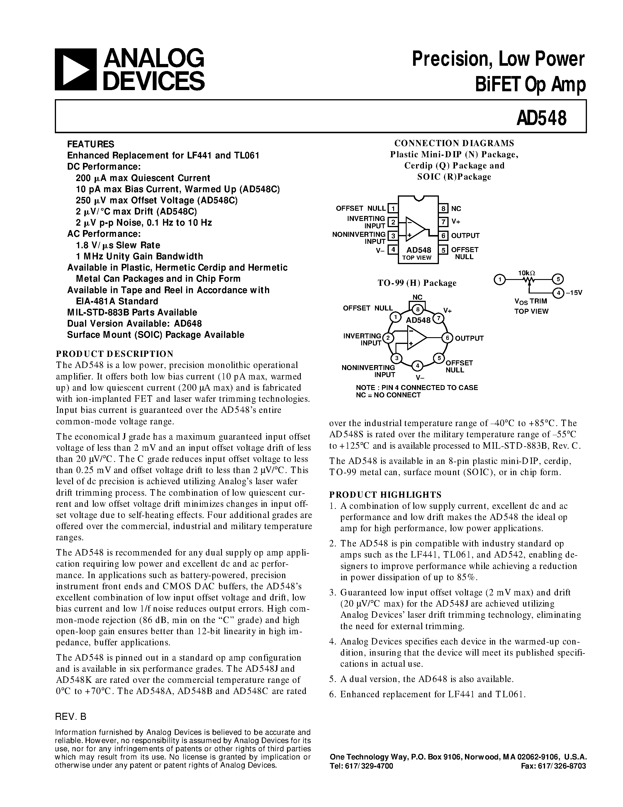 Datasheet AD548KR page 1 Datasheet AD548KR - Precision/ Low Power BiFET Op Amp page 1