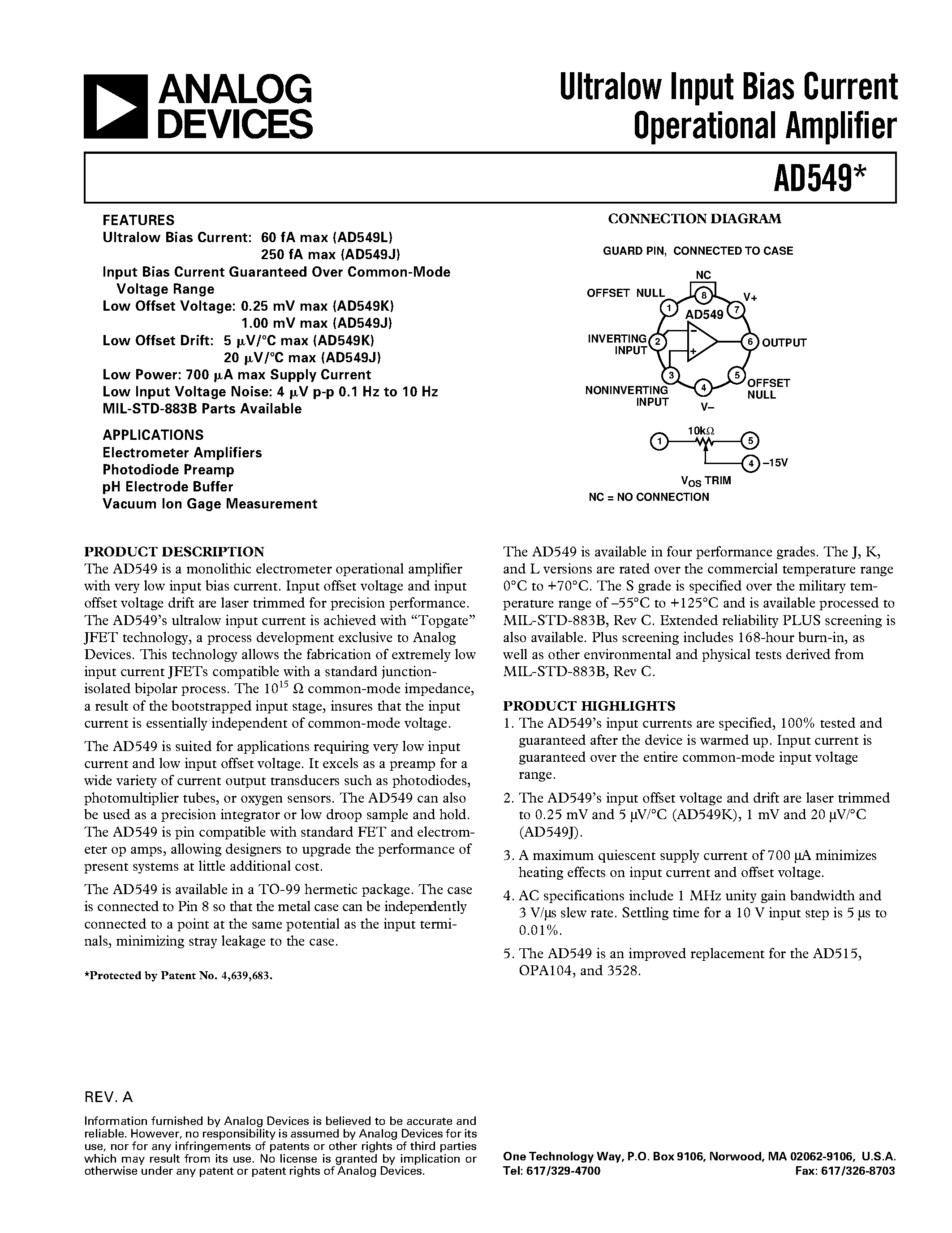 Даташит AD549S - Ultralow Input Bias Current Operational Amplifier страница 1