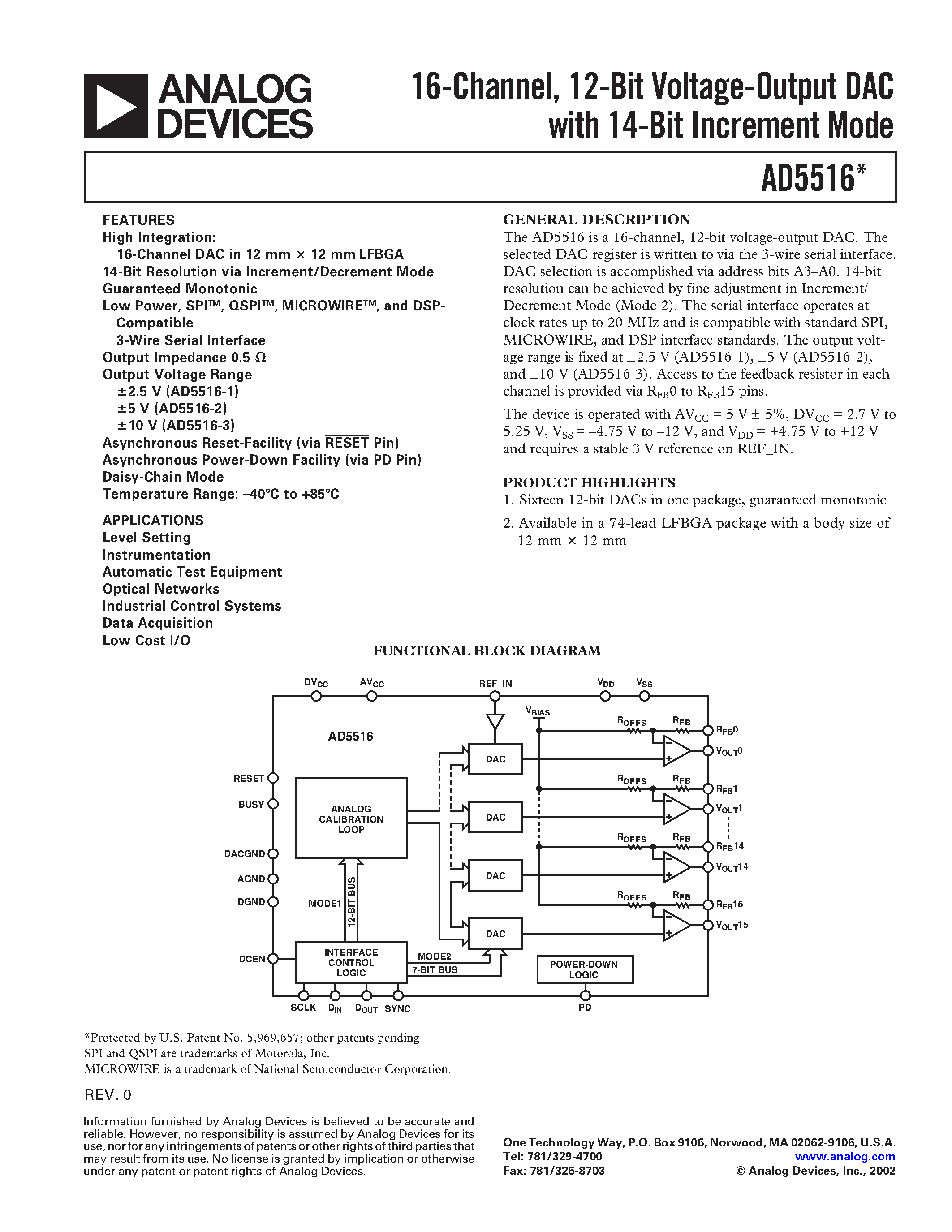 Даташит AD5516ABC-2 - 16-Channel/ 12-Bit Voltage-Output DAC with 14-Bit Increment Mode страница 1