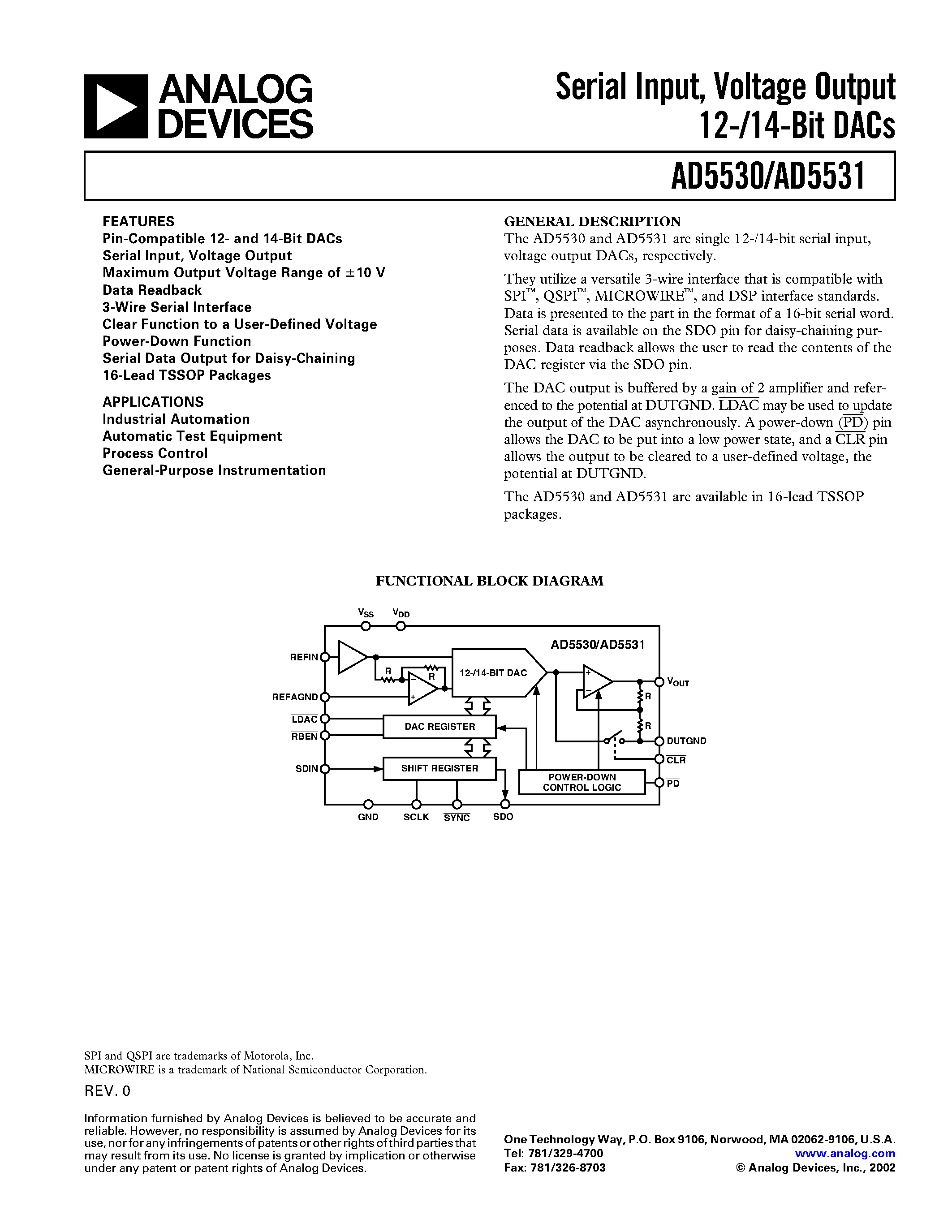 Даташит на микросхему AD5530 страница 1 Даташит AD5530 - Serial Input/ Voltage Output 12-/14-Bit DACs страница 1