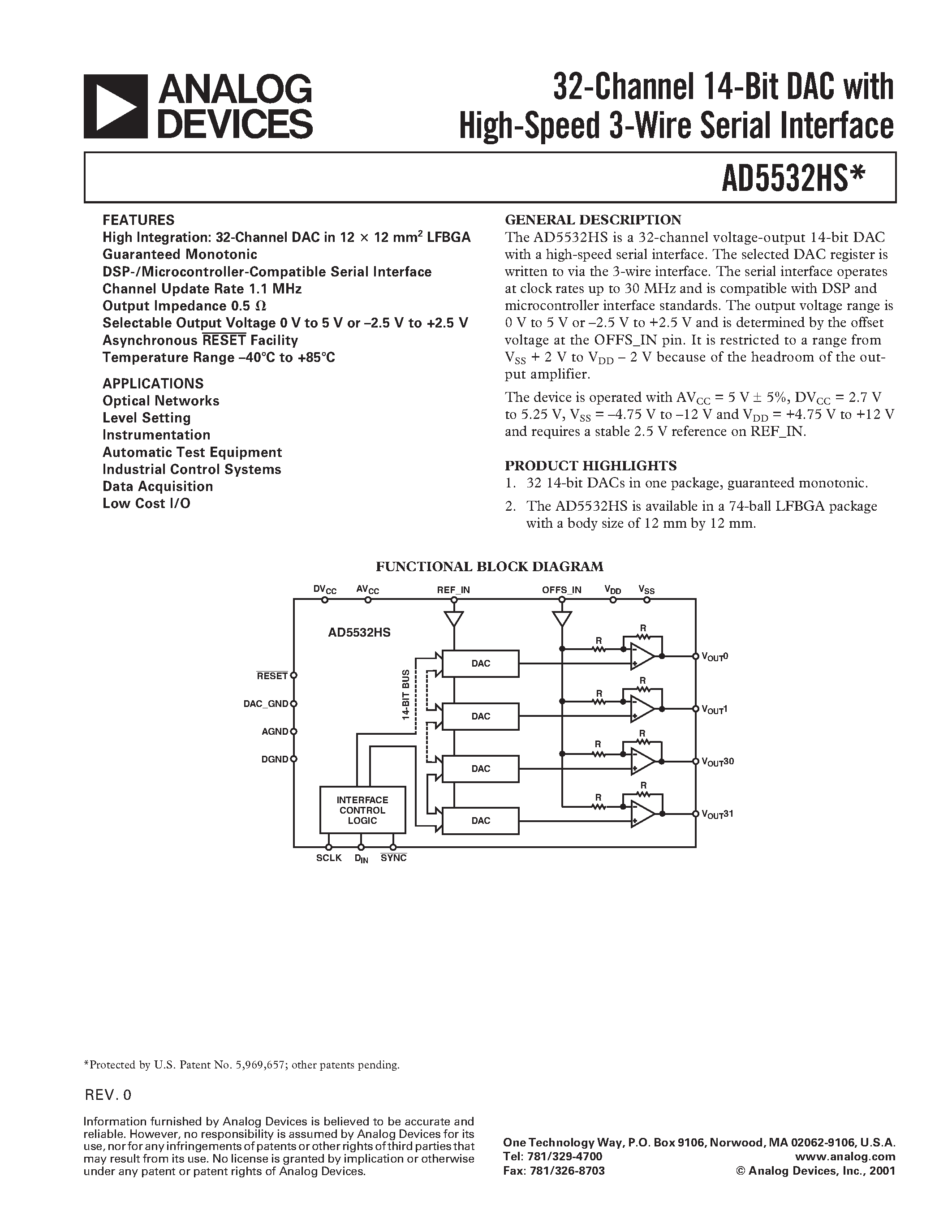 Даташит AD5532HS - 32-Channel 14-Bit DAC with High-Speed 3-Wire Serial Interface страница 1