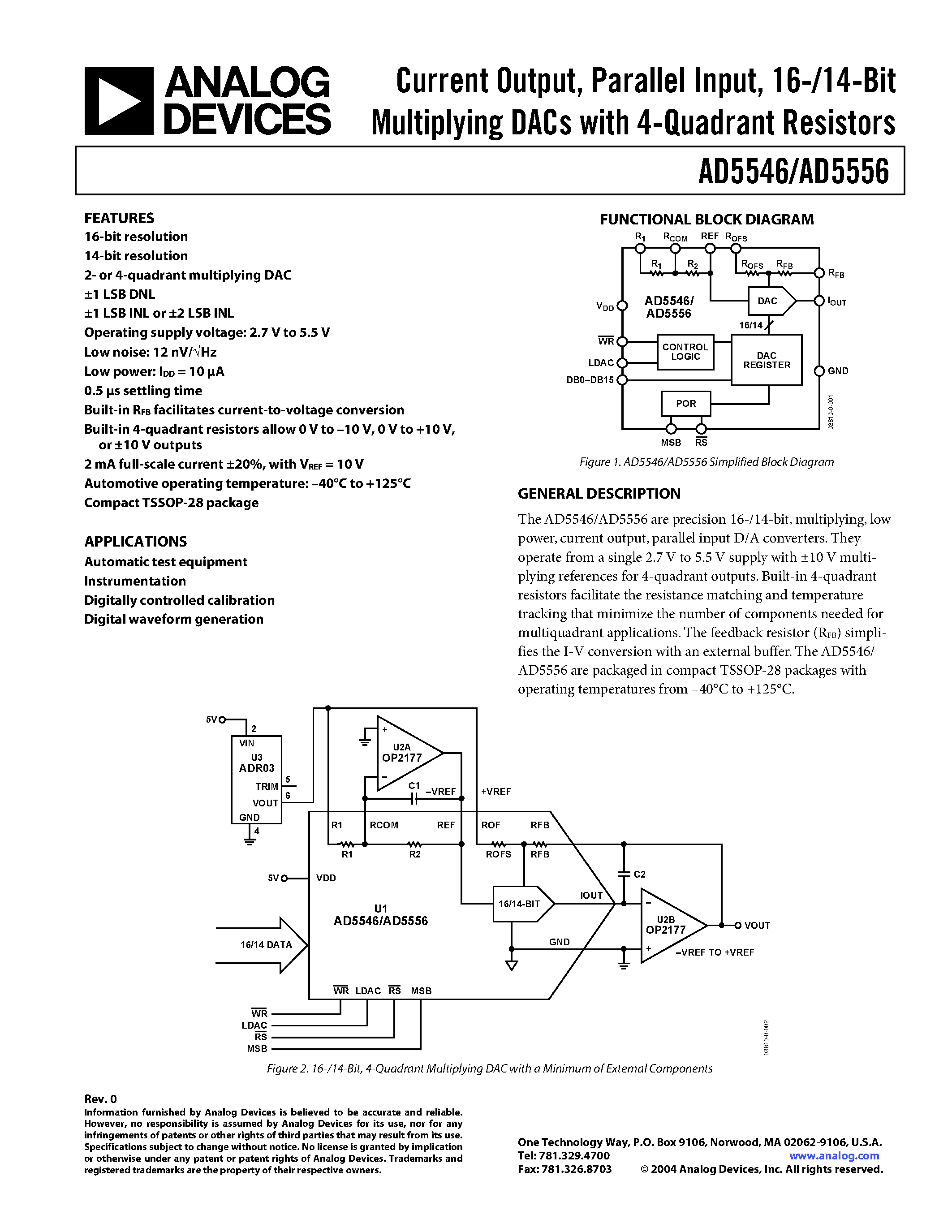 Даташит AD5556CRU - Current Output/ Parallel Input/ 16-/14-Bit Multiplying DACs with 4-Quadrant Resistors страница 1
