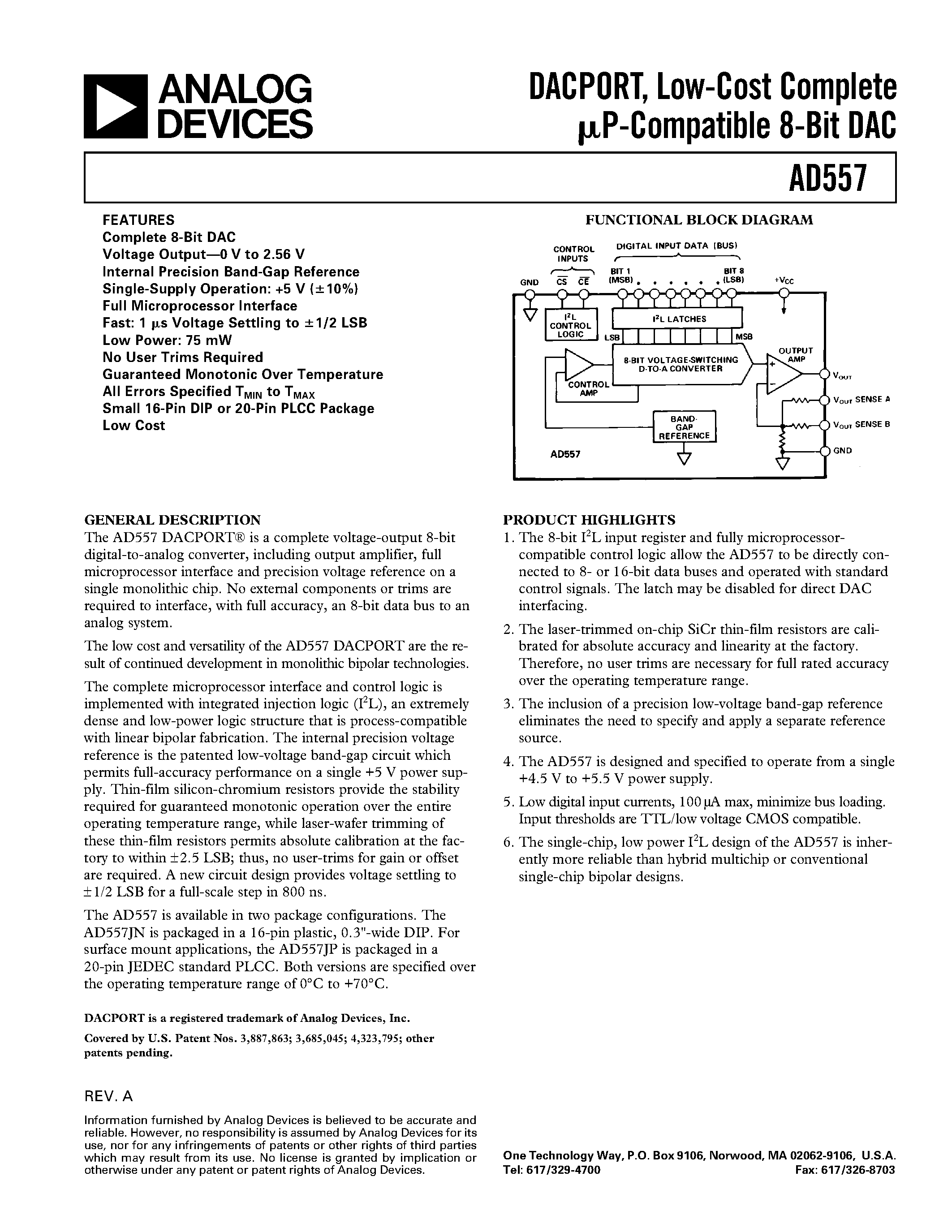 Даташит AD557 - DACPORT/ Low-Cost Complete mP-Compatible 8-Bit DAC страница 1