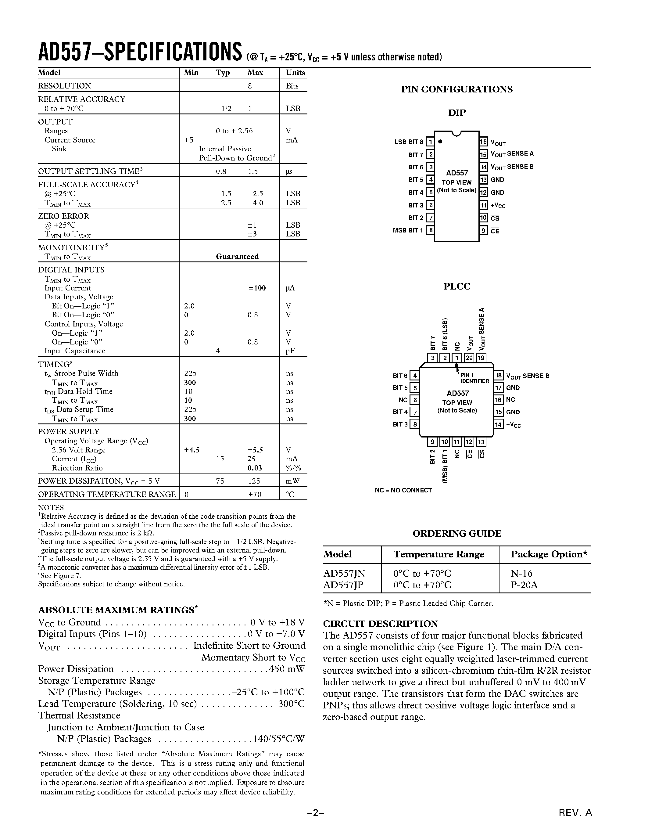 Даташит AD557 - DACPORT/ Low-Cost Complete mP-Compatible 8-Bit DAC страница 2