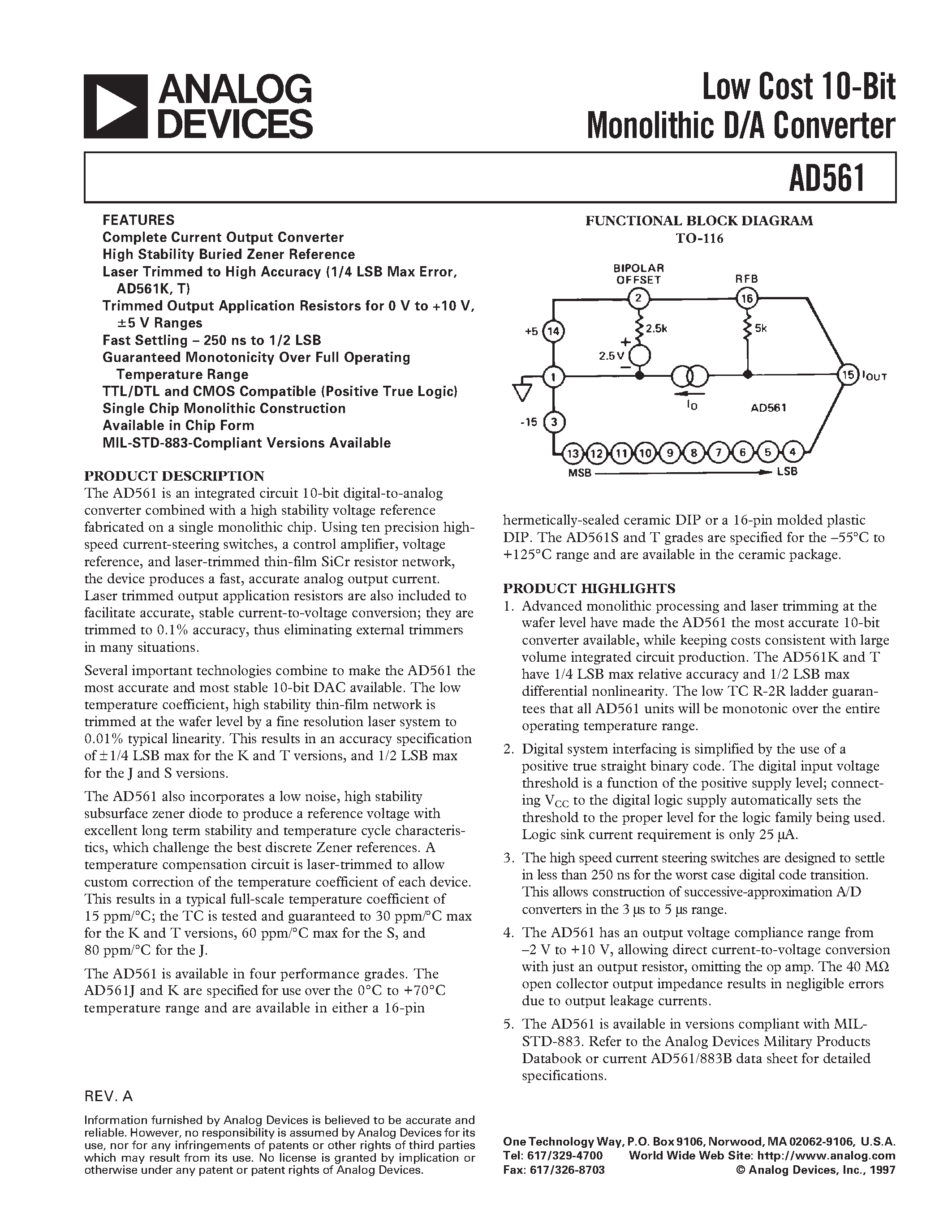 Даташит AD561K - Low Cost 10-Bit Monolithic D/A Converter страница 1