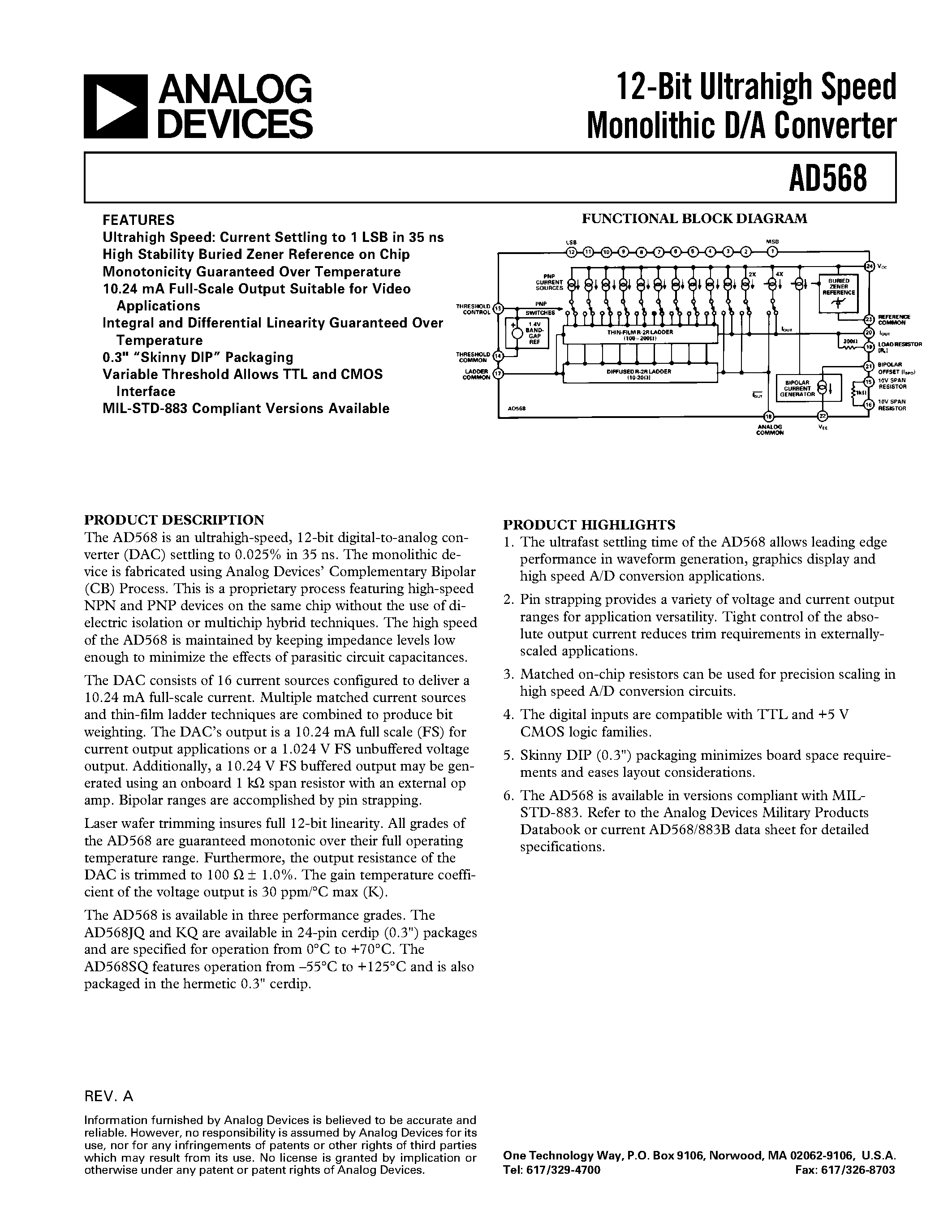 Даташит AD568JQ - 12-Bit Ultrahigh Speed Monolithic D/A Converter страница 1
