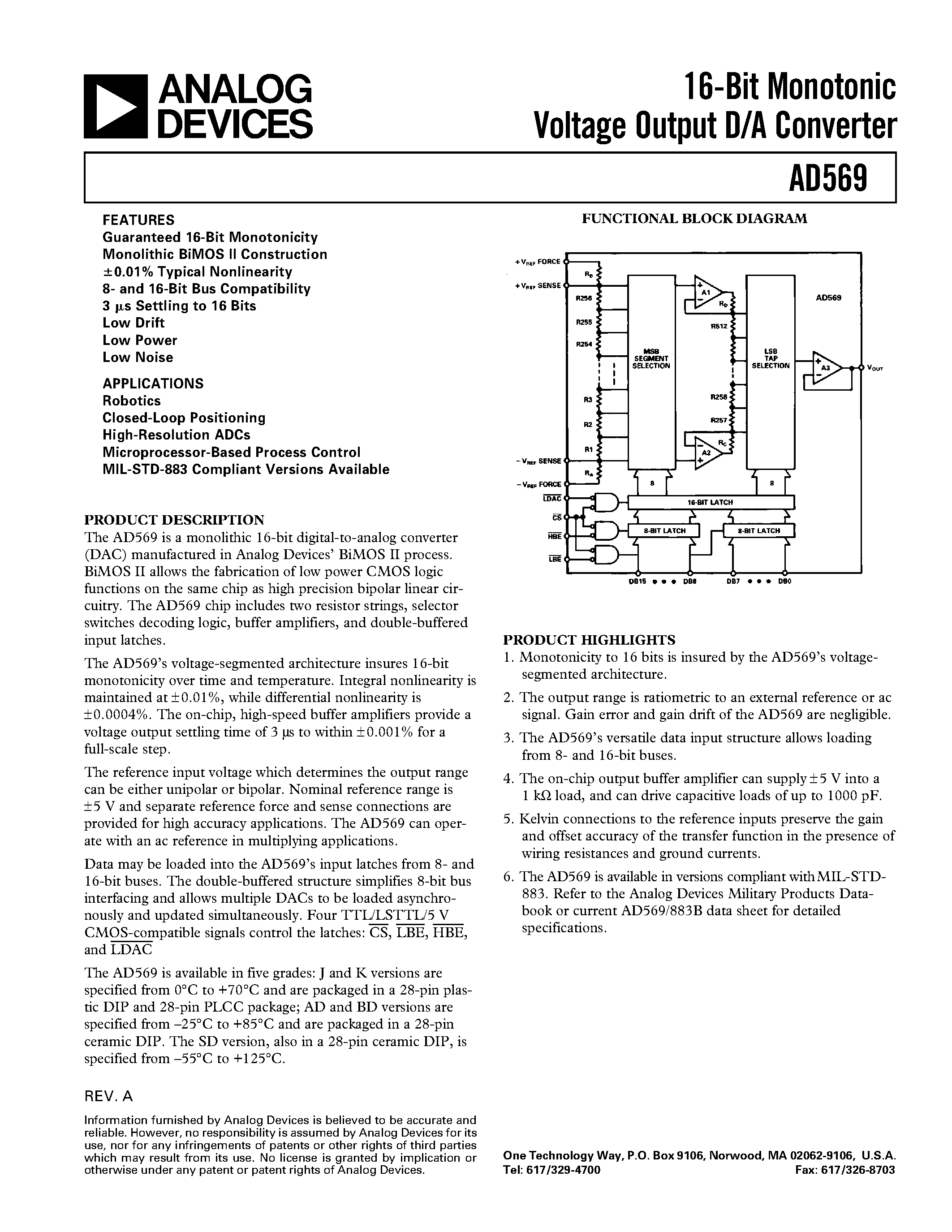 Даташит AD569KP - 16-Bit Monotonic Voltage Output D/A Converter страница 1