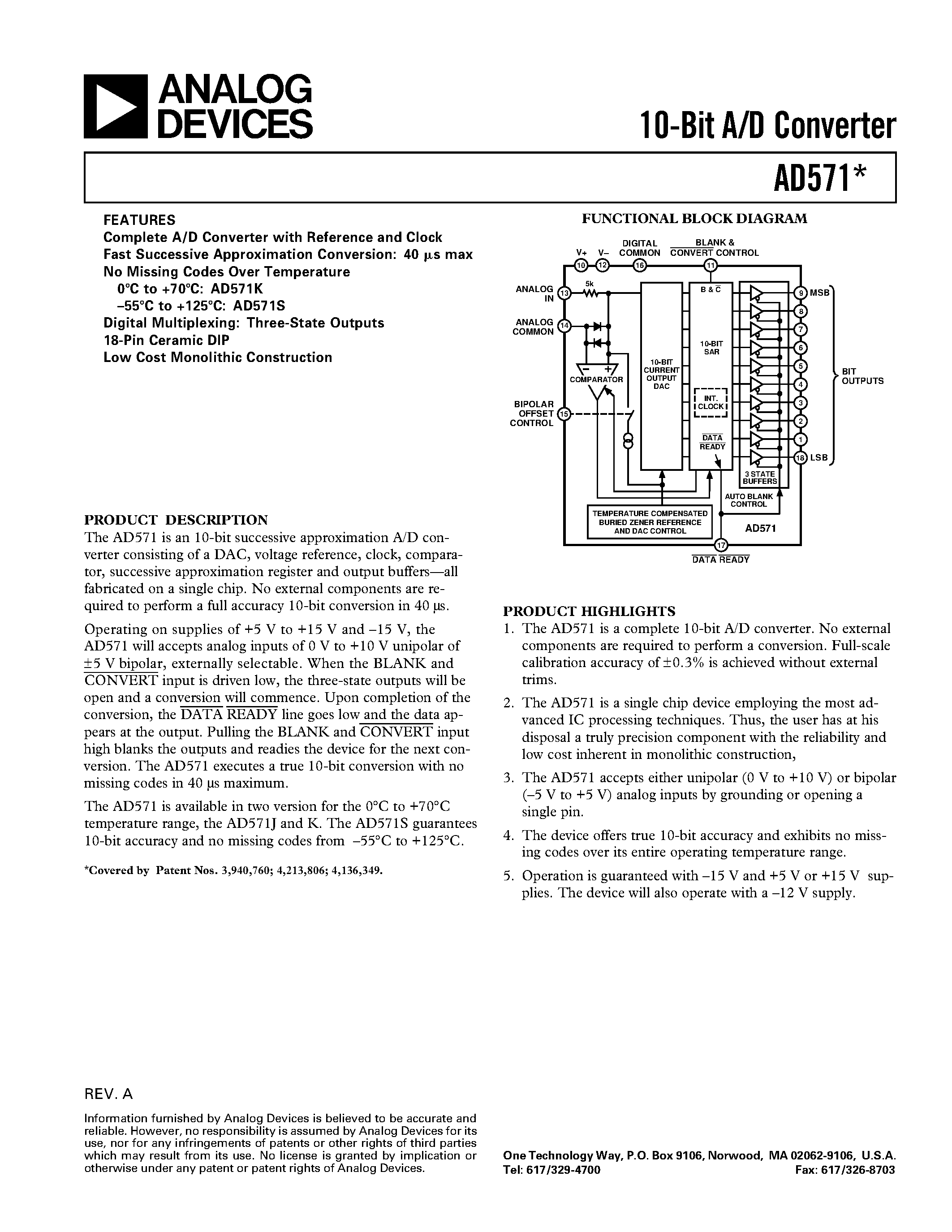 Даташит AD571 - 10-Bit A/D Converter страница 1