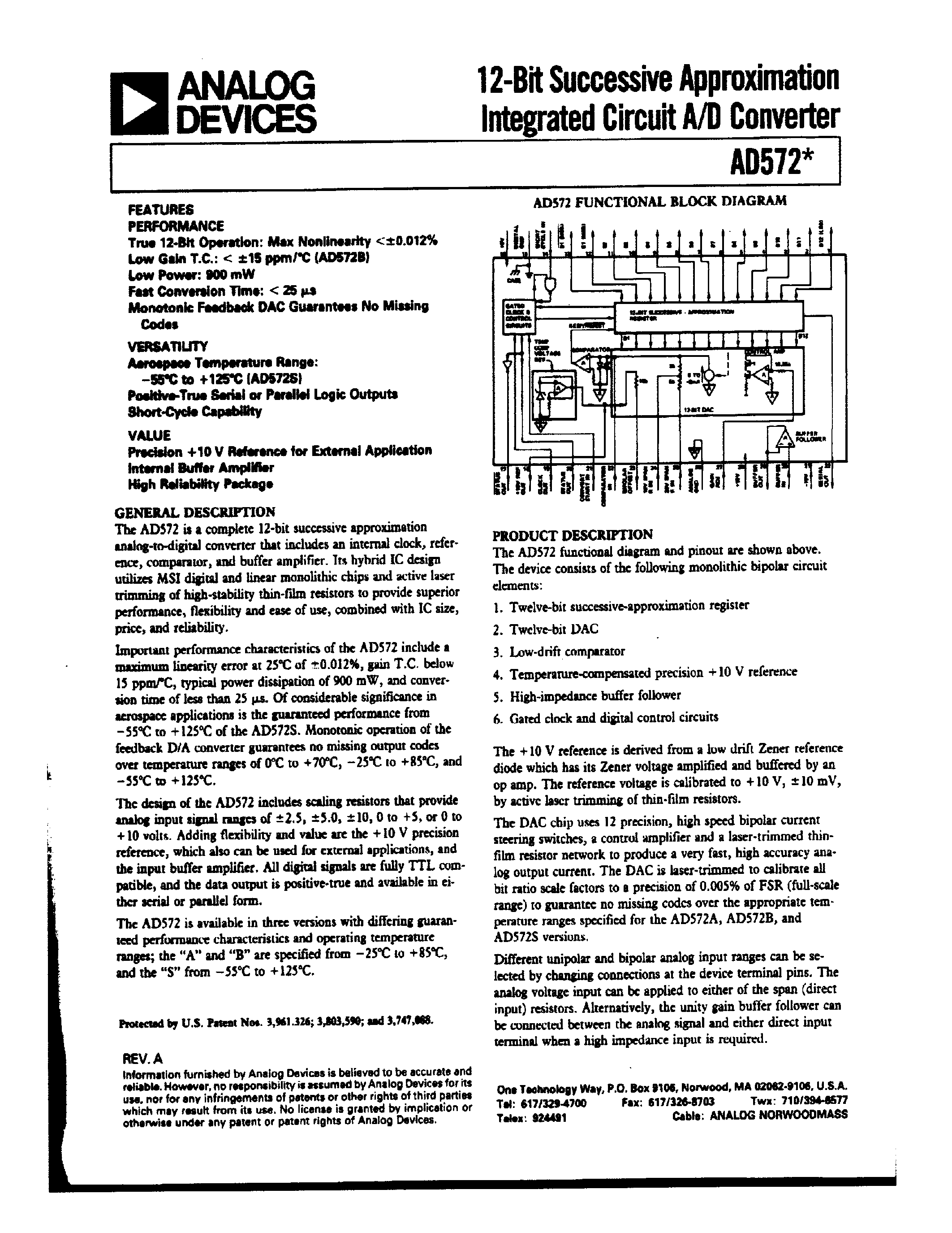 Даташит на микросхему AD572BD страница 1 Даташит AD572BD - 12-BIT SUCCESSIVE APPROXIMATION INTEGRATED CIRCUIT A/D CONVERTER страница 1
