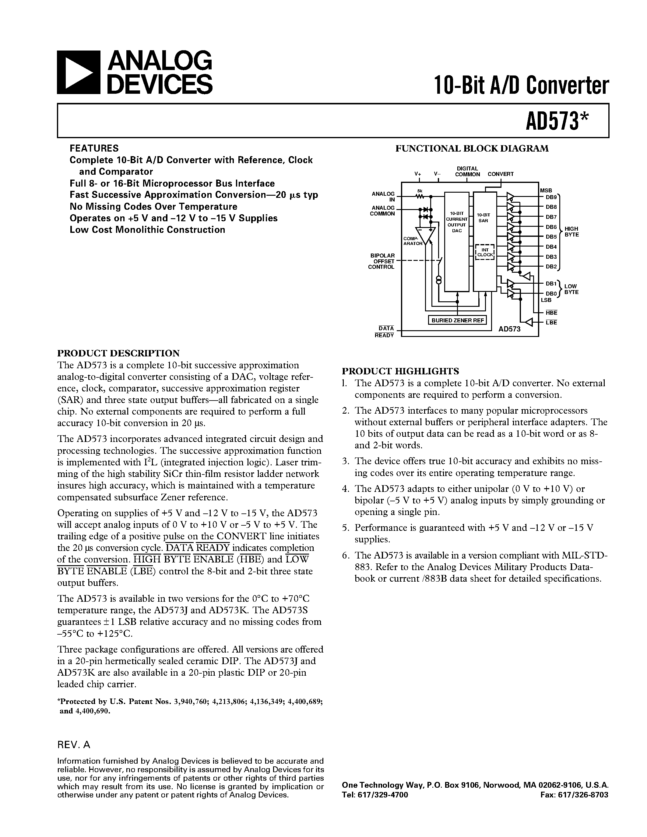 Даташит AD573JP - 10-Bit A/D Converter страница 1