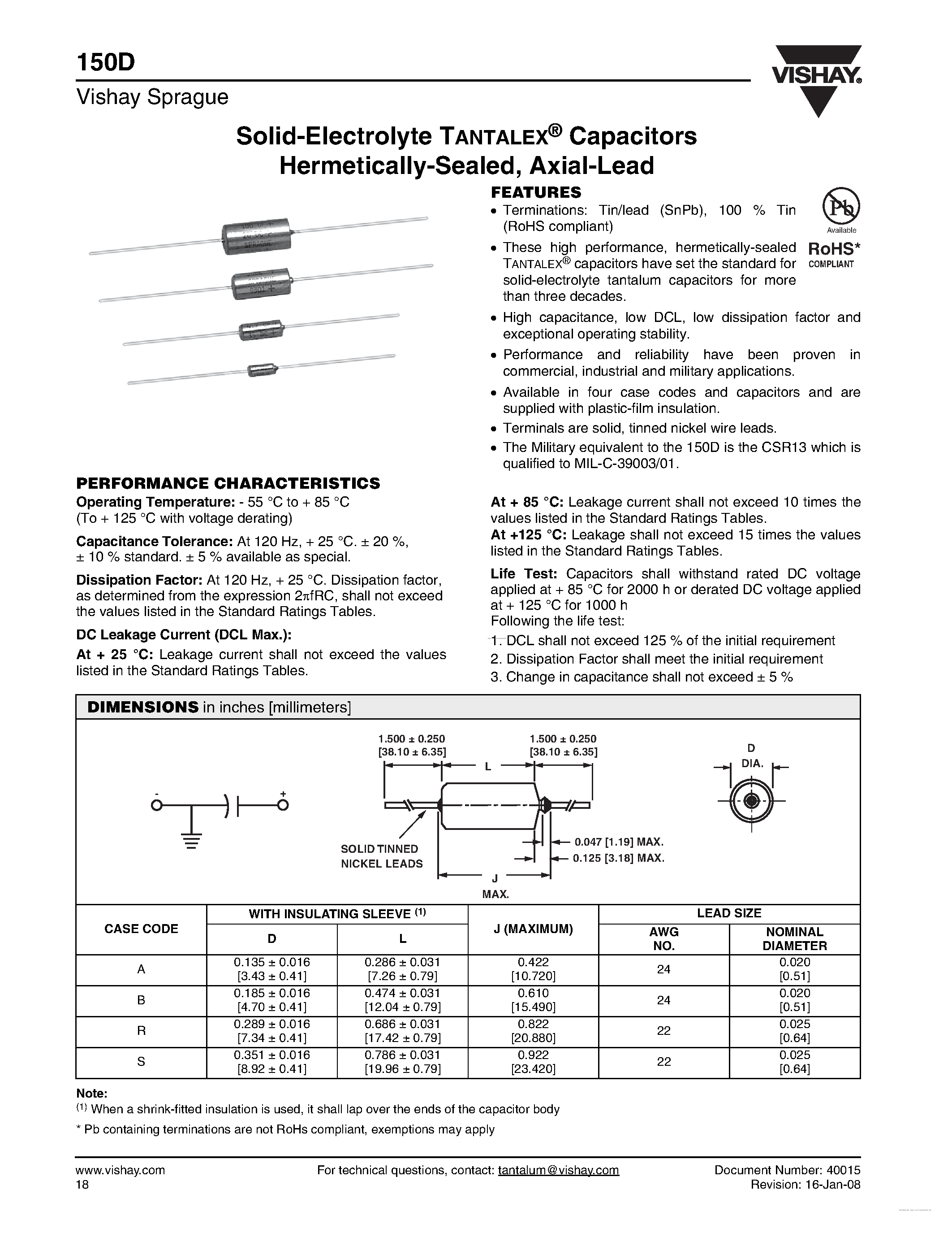 Datasheet 150D684X9010A2 - Solid-Electrolyte TANTALEX Capacitors Hermetically-Sealed/ Axial-Lead page 1