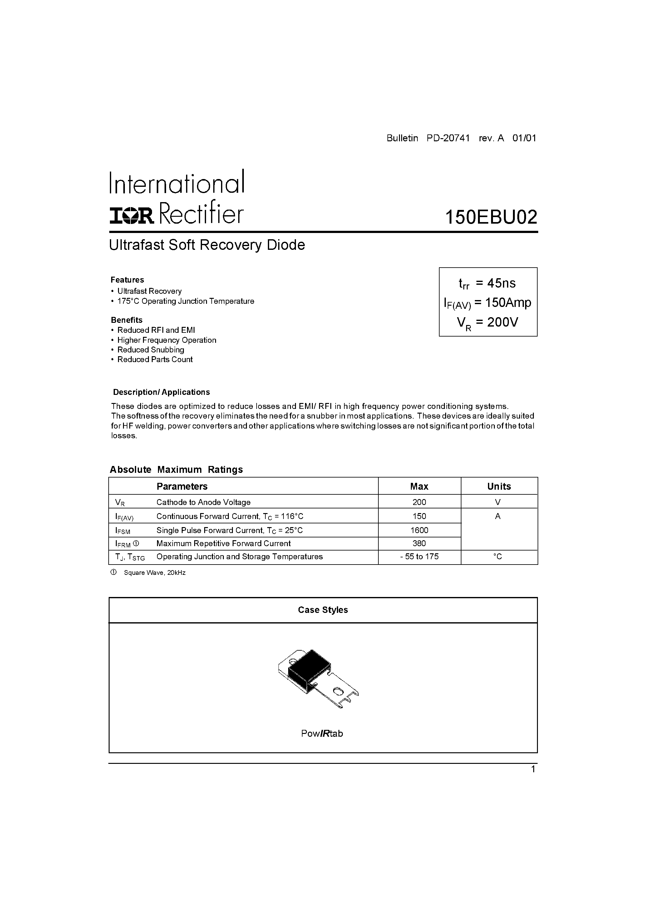 Datasheet 150EBU02 - Ultrafast Soft Recovery Diode page 1