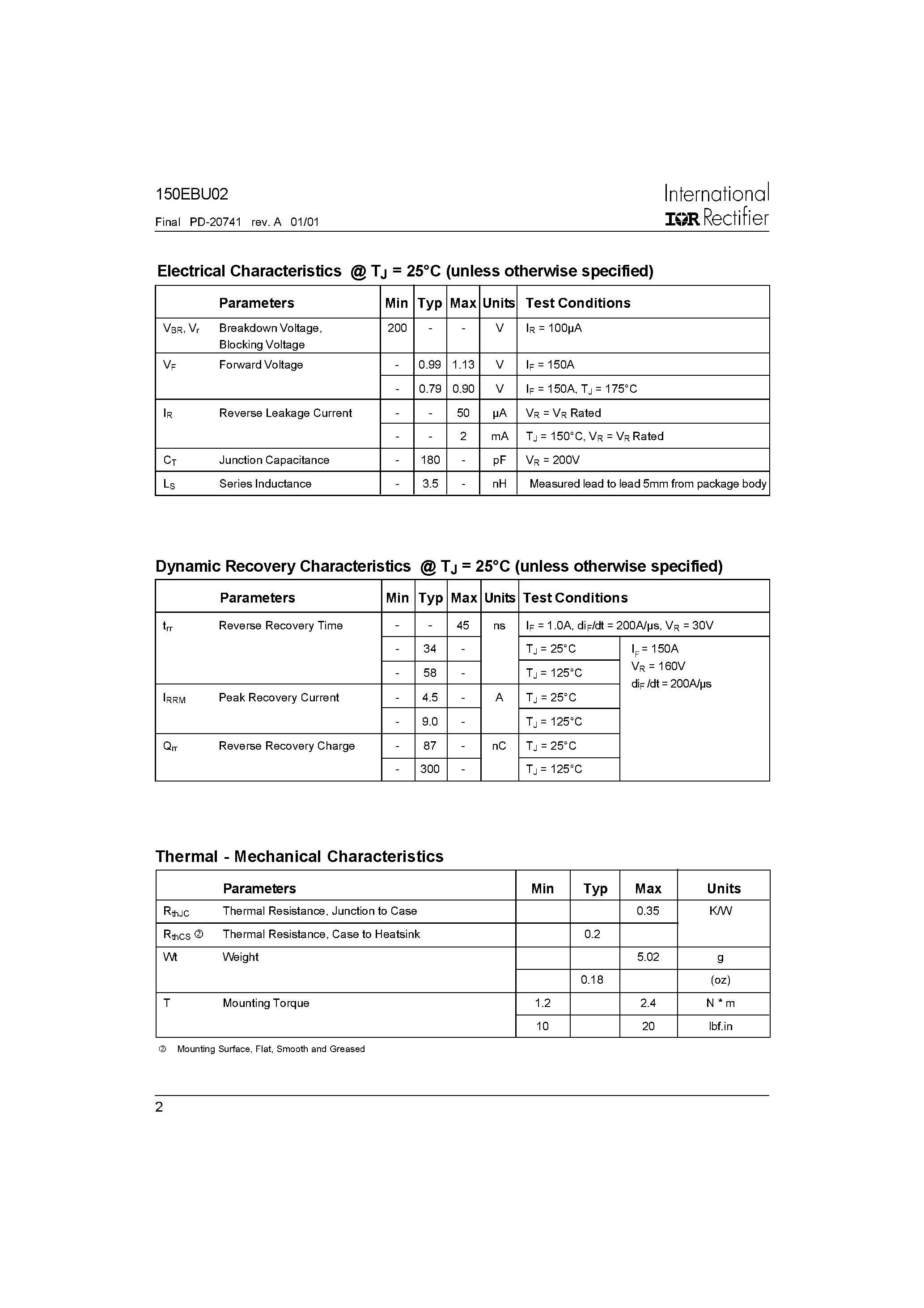 Datasheet 150EBU02 - Ultrafast Soft Recovery Diode page 2
