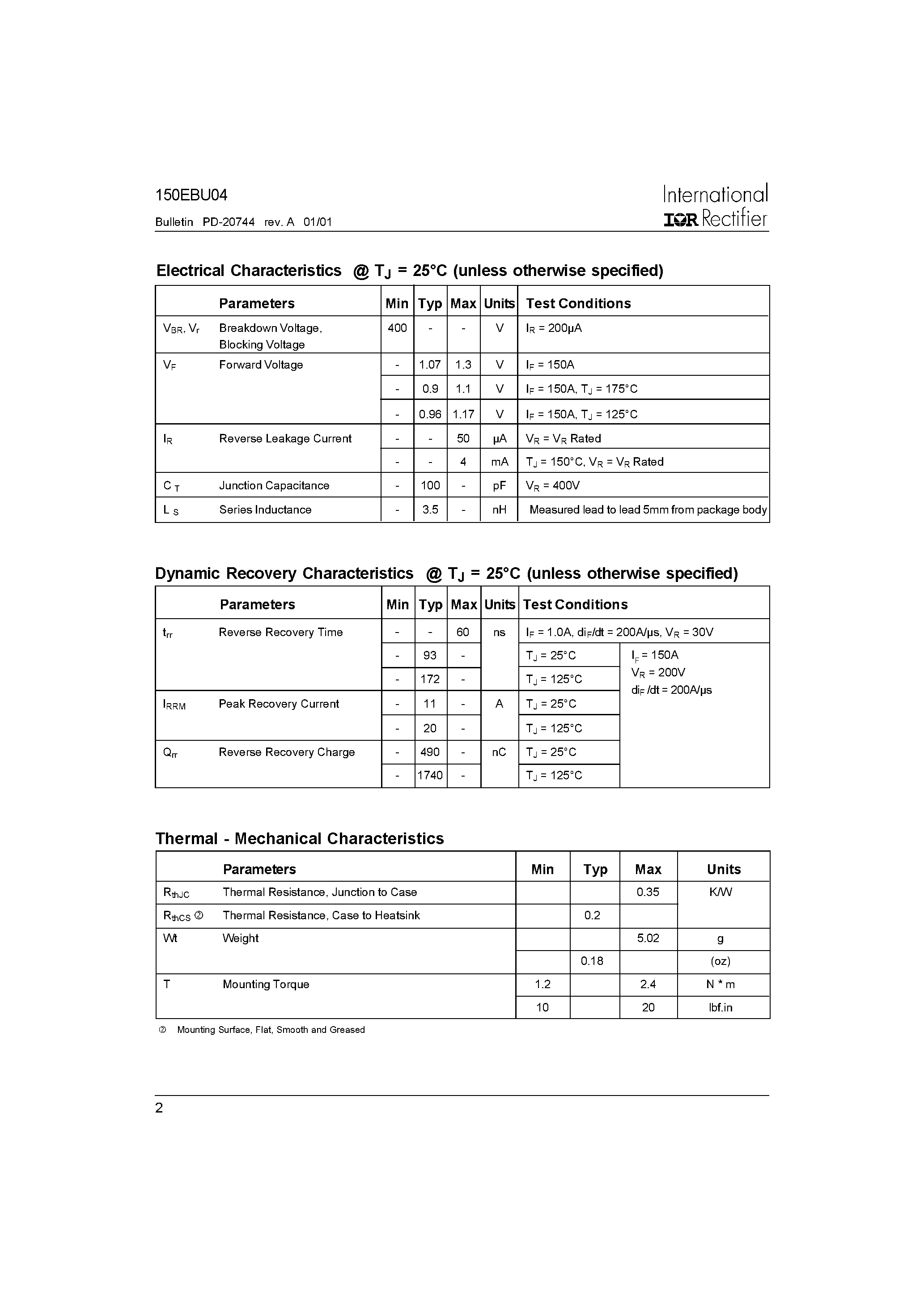 Datasheet 150EBU04 - Ultrafast Soft Recovery Diode page 2
