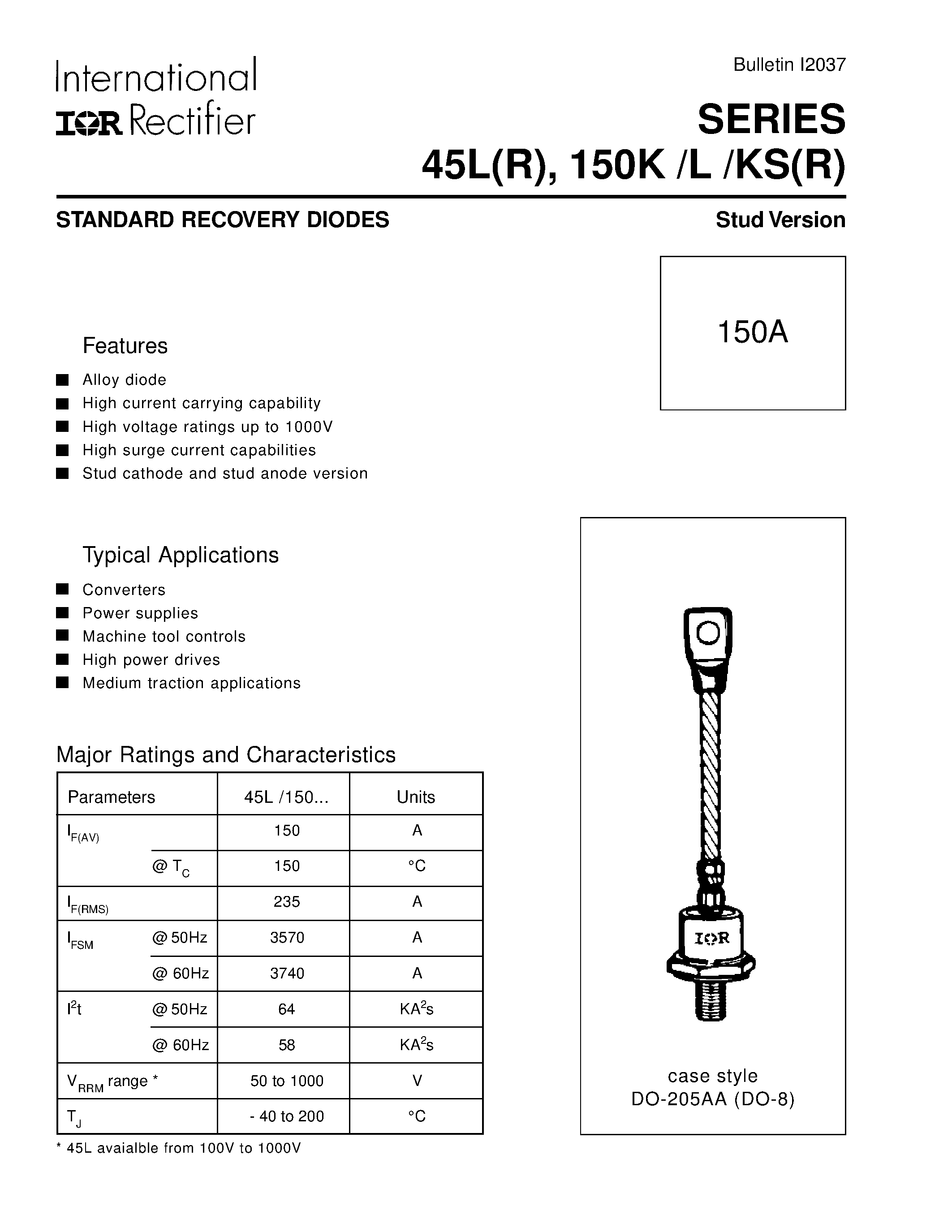 Datasheet 150KS(R) page 1 Datasheet 150KS(R) - STANDARD RECOVERY DIODES Stud Version page 1