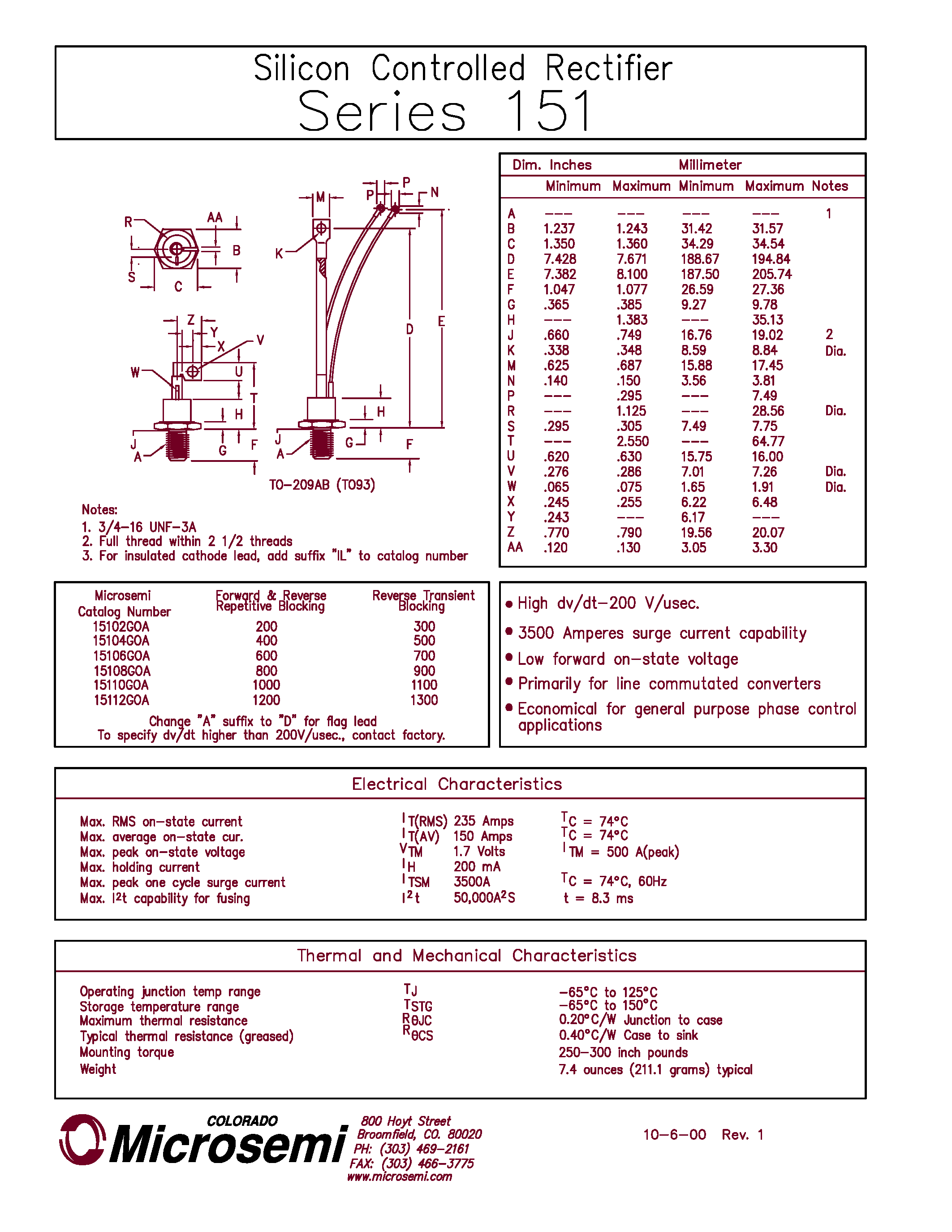 Datasheet 15104GOA - Silicon Controlled Rectifier page 1