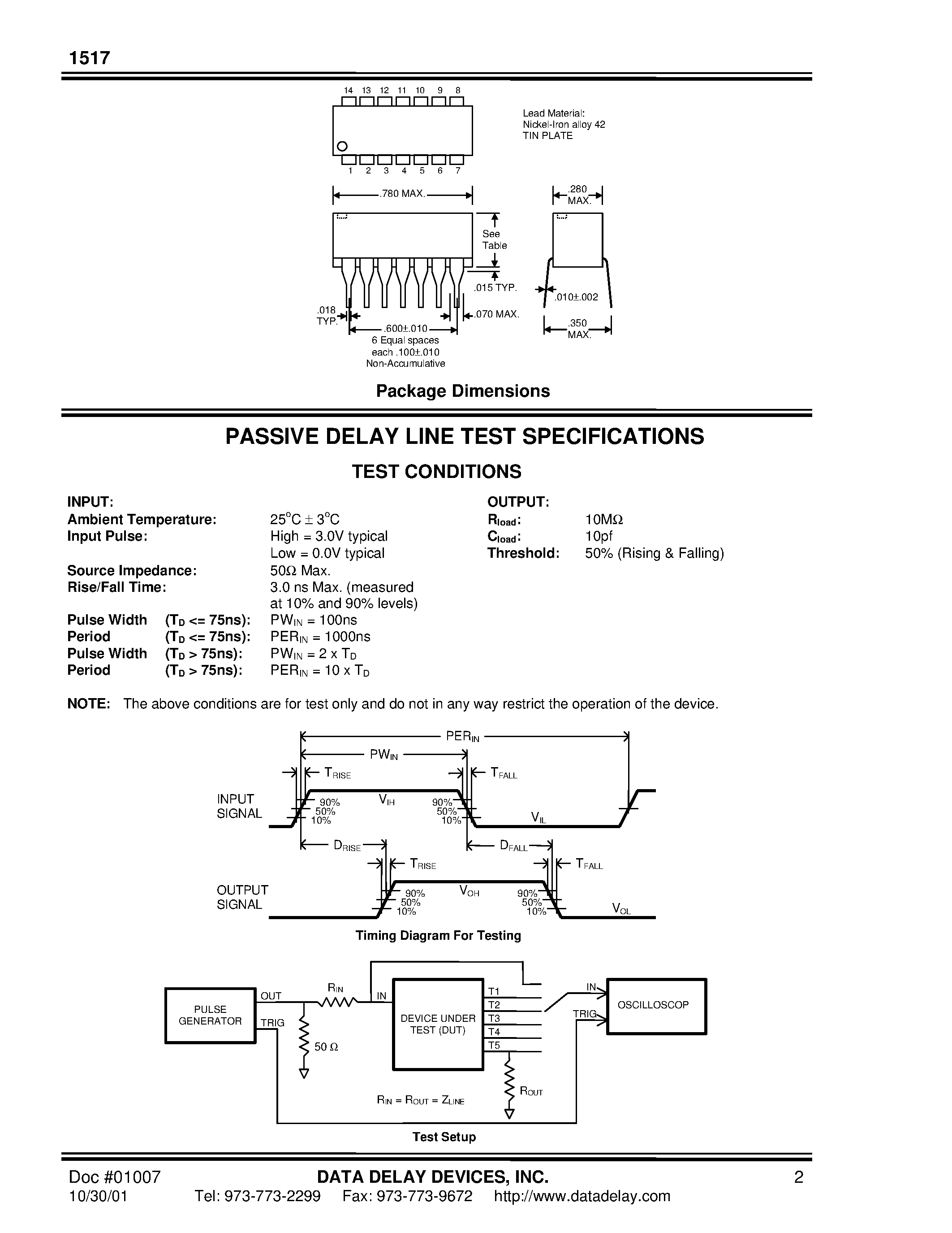 Datasheet 1517-180E - 5-TAP DIP DELAY LINE page 2