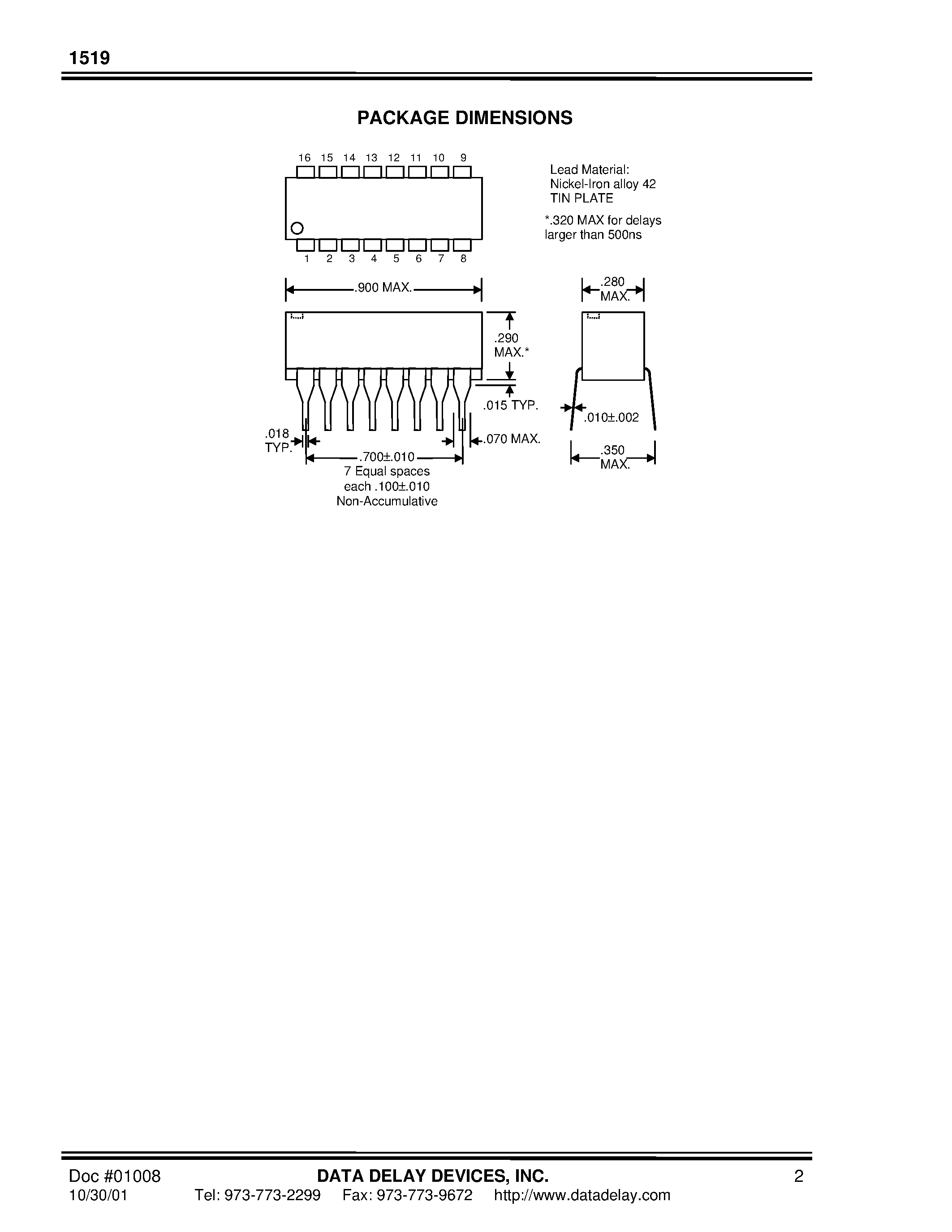 Даташит на микросхему 1519-150B страница 2 Даташит 1519-150B - 10-TAP DIP DELAY LINE TD/TR = 5 страница 2