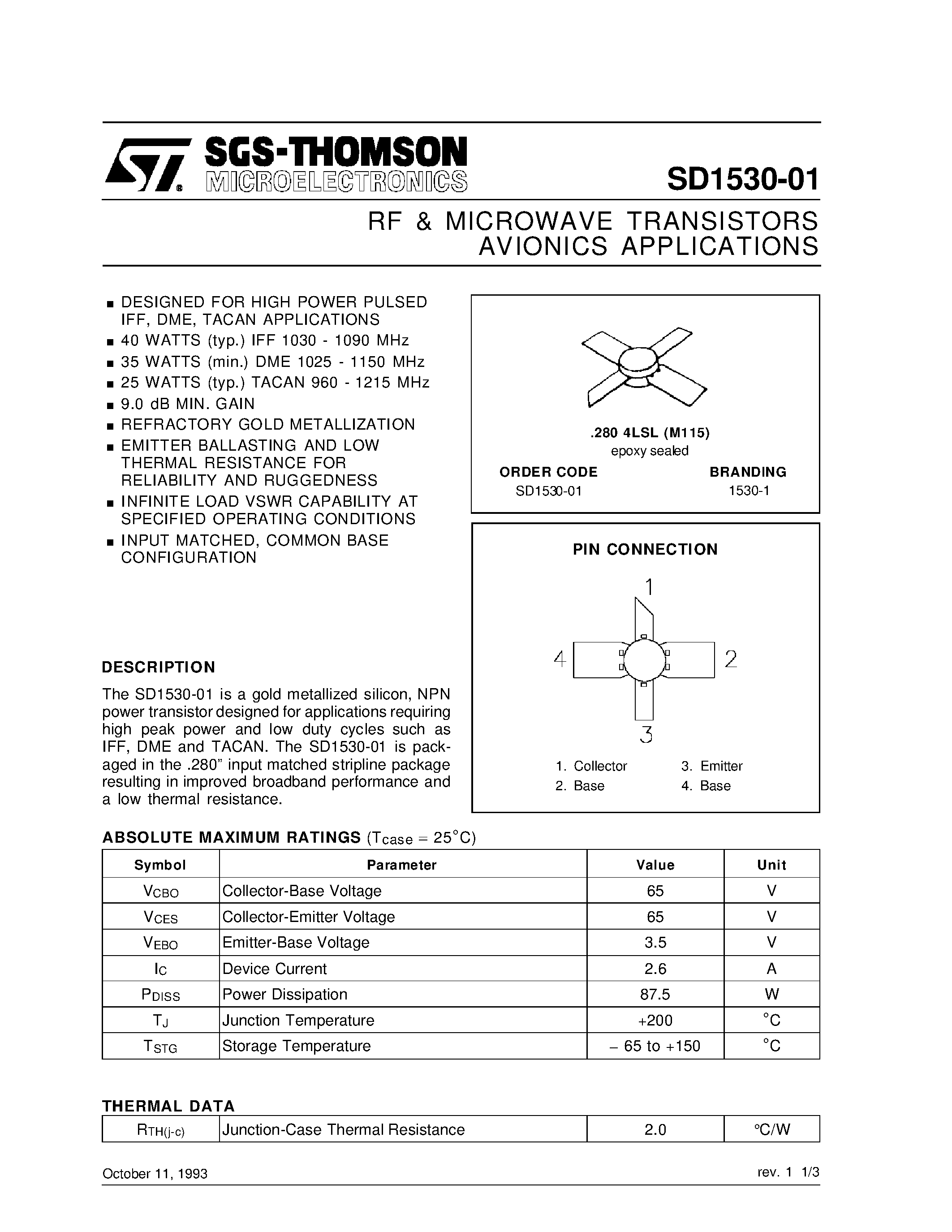 Datasheet 1530-1 - RF & MICROWAVE TRANSISTORS AVIONICS APPLICATIONS page 1