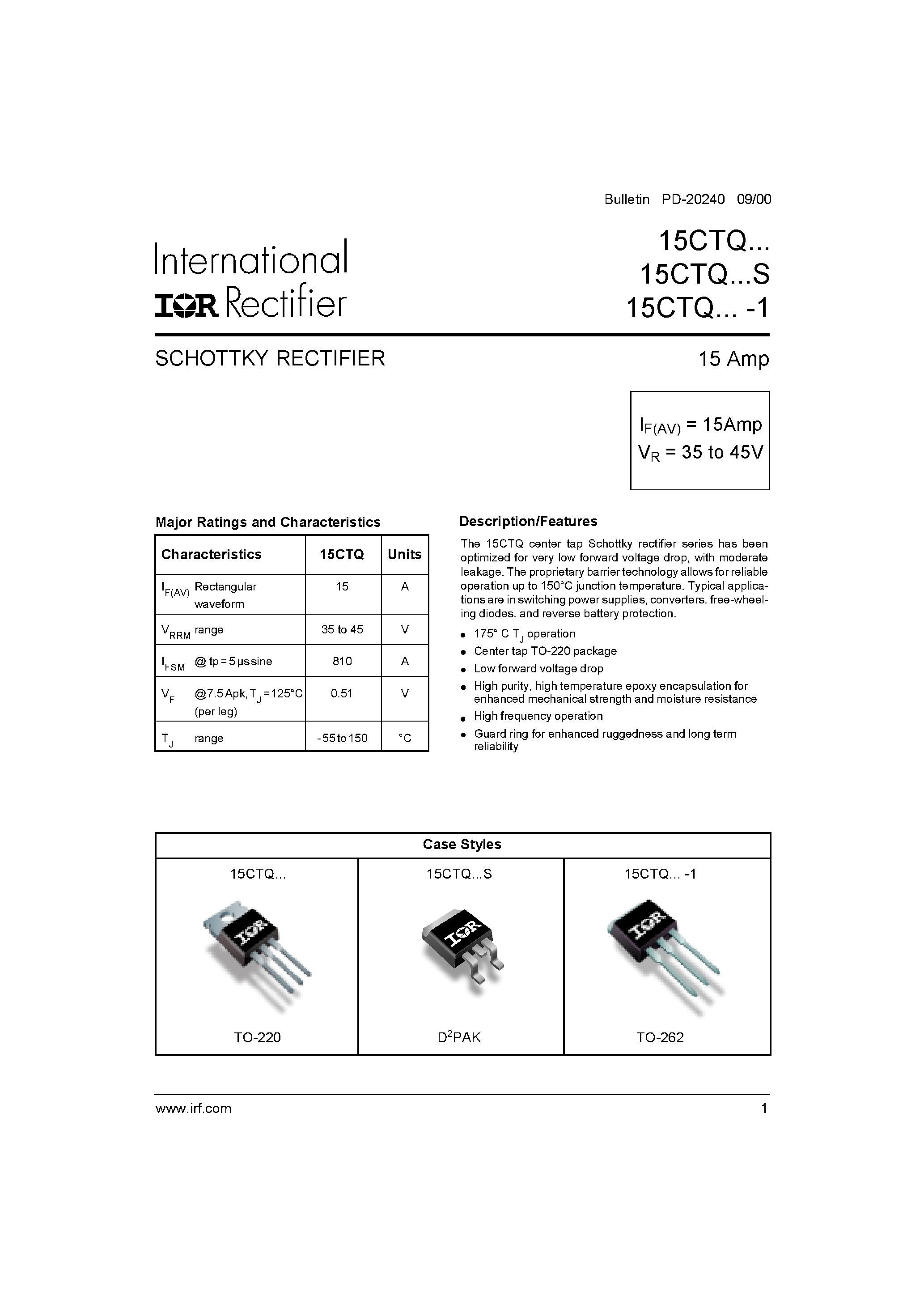 Datasheet 15CTQ045-1 page 1 Datasheet 15CTQ045-1 - SCHOTTKY RECTIFIER page 1