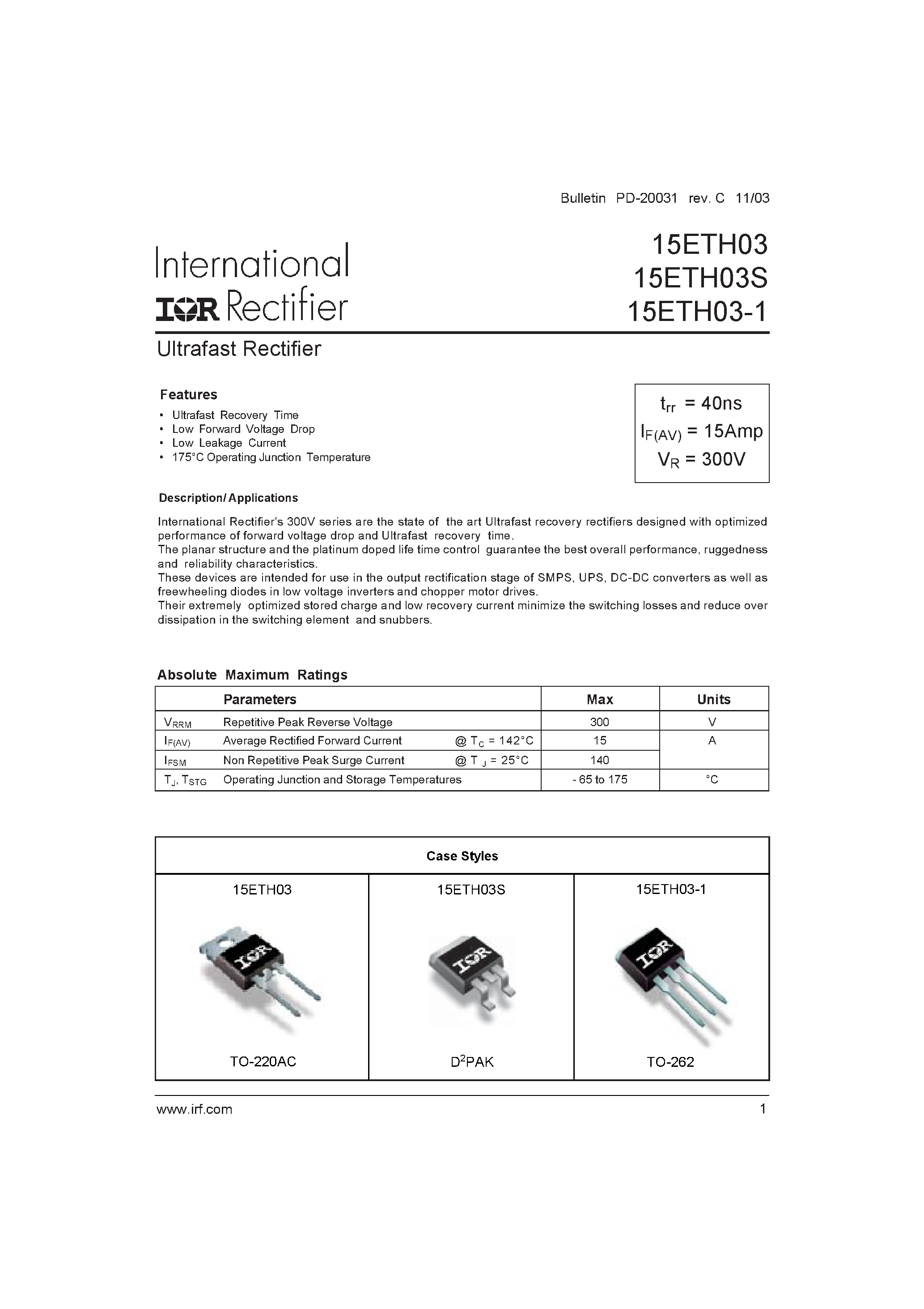 Datasheet 15ETH03 page 1 Datasheet 15ETH03 - Ultrafast Rectifier page 1