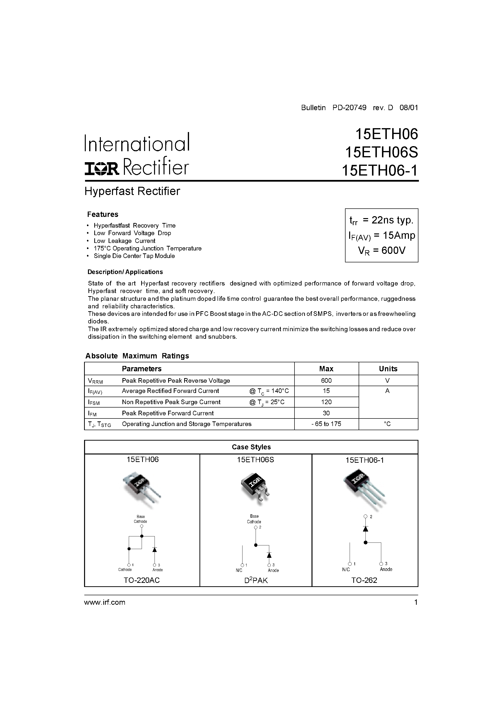 Datasheet 15ETH06S page 1 Datasheet 15ETH06S - Hyperfast Rectifier page 1