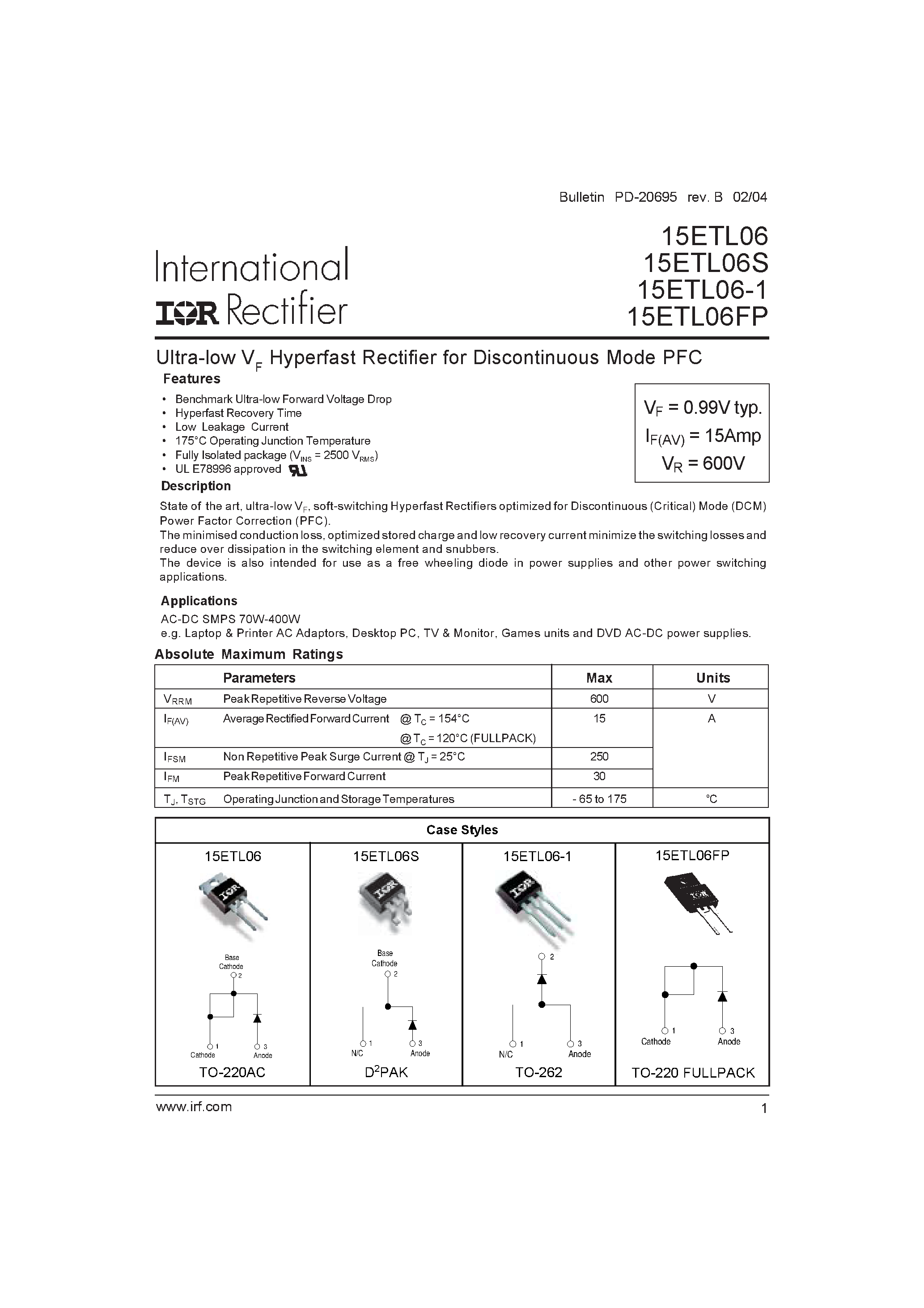 Datasheet 15ETL06-1 page 1 Datasheet 15ETL06-1 - Ultra-low VF Hyperfast Rectifier for Discontinuous Mode PFC page 1