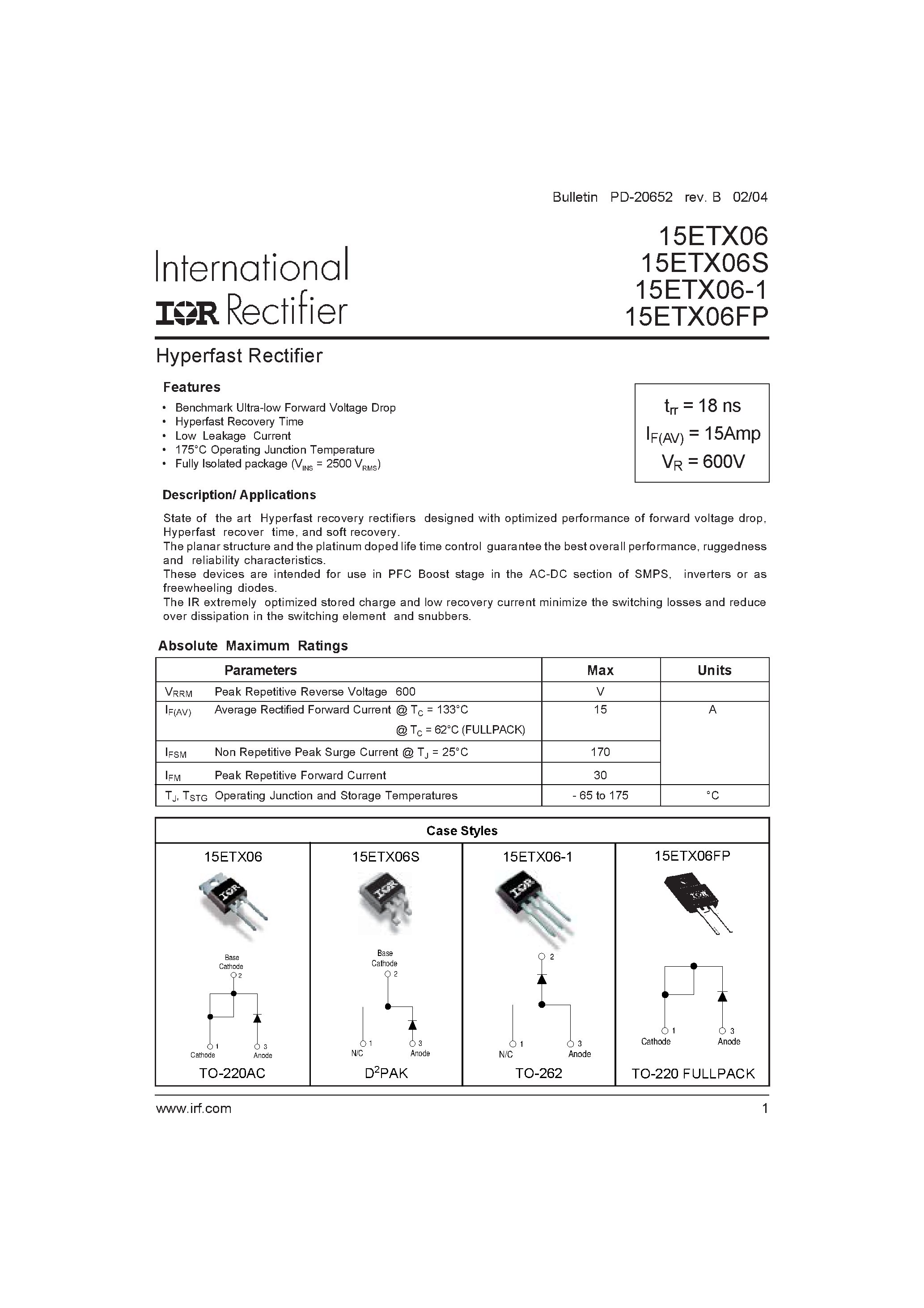 Datasheet 15ETX06S page 1 Datasheet 15ETX06S - Hyperfast Rectifier page 1