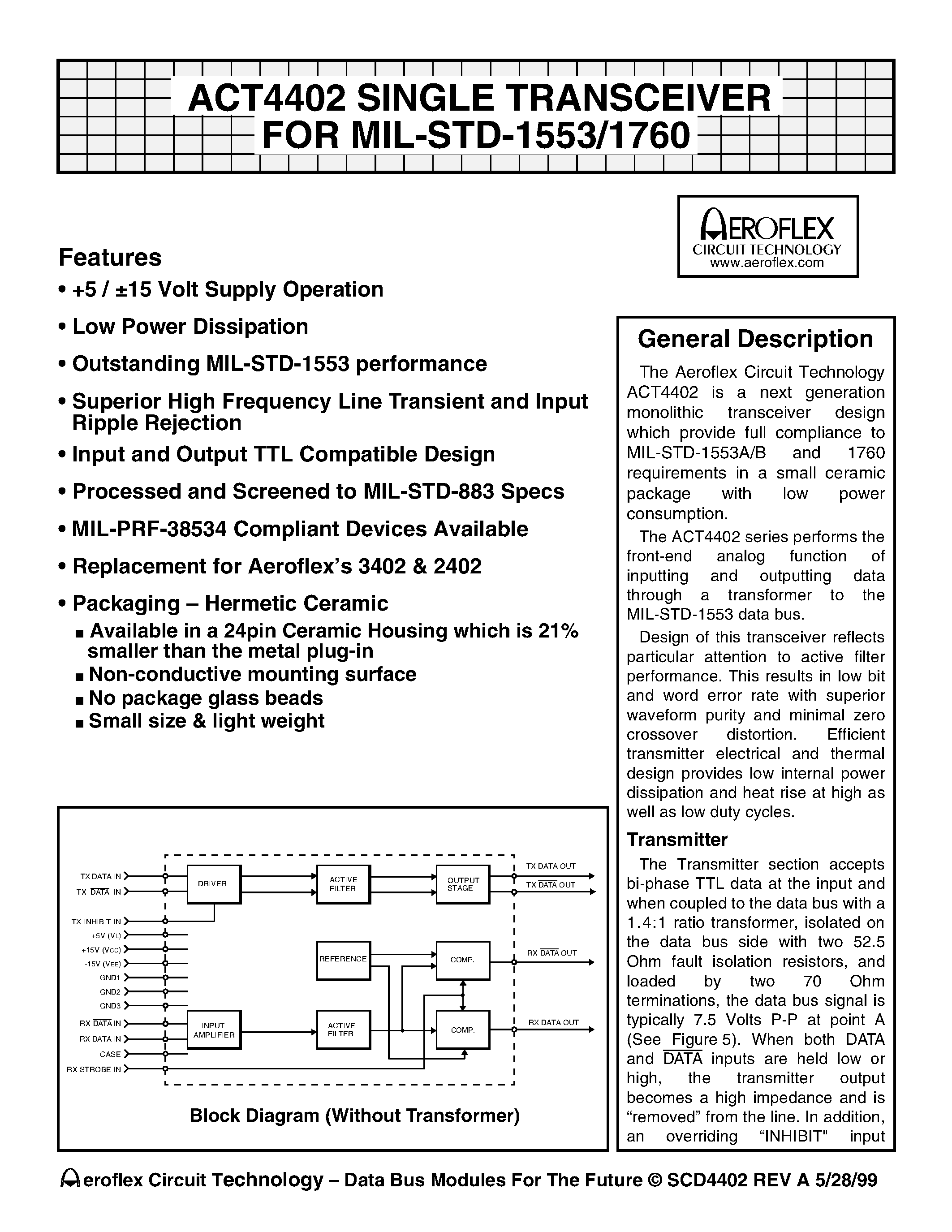 Datasheet ACT4402 page 1 Datasheet ACT4402 - ACT4402 SINGLE TRANSCEIVER FOR MIL-STD-1553/1760 page 1