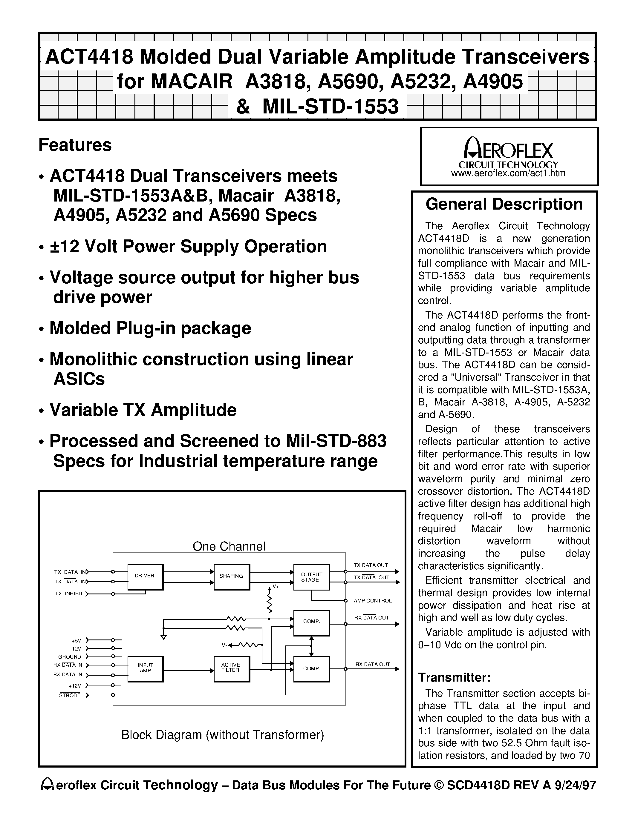 Datasheet ACT4418 - ACT4418 Molded Dual Variable Amplitude Transceivers for MACAIR A3818/ A5690/ A5232/ A4905 & MIL-STD-1553 page 1