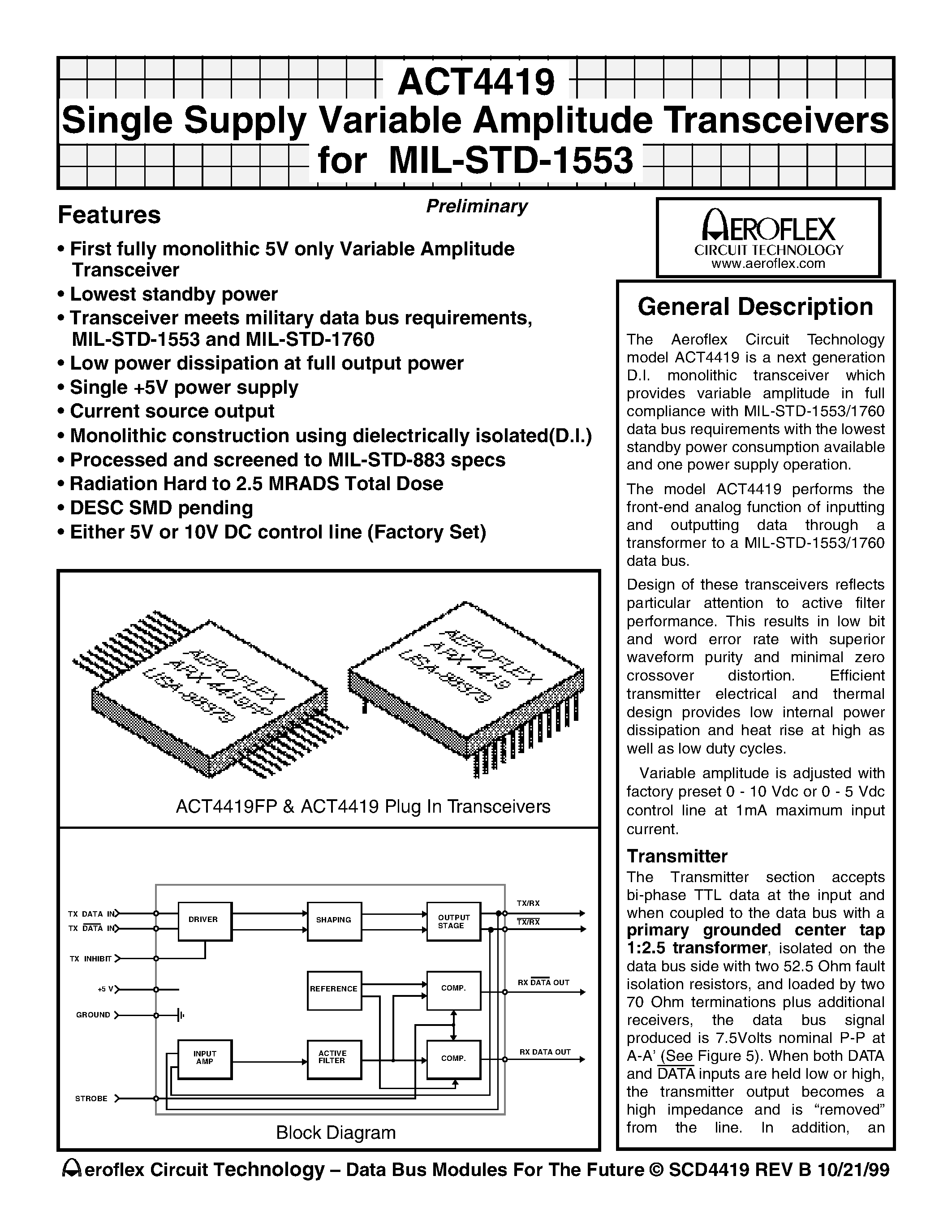 Datasheet ACT4419 page 1 Datasheet ACT4419 - Single Supply Variable Amplitude Transceivers for MIL-STD-1553 page 1
