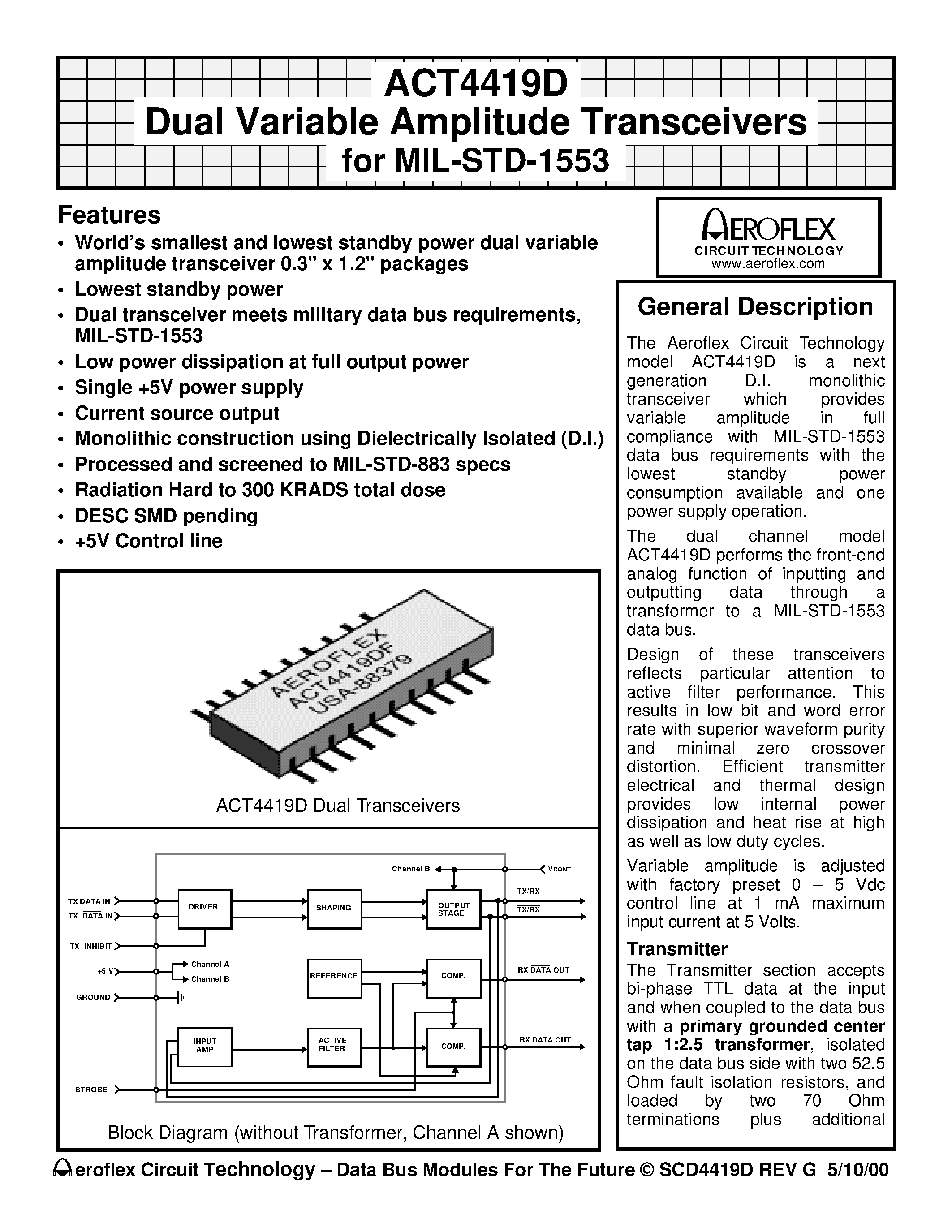 Datasheet ACT4419D page 1 Datasheet ACT4419D - Dual Variable Amplitude Transceivers for MIL-STD-1553 page 1