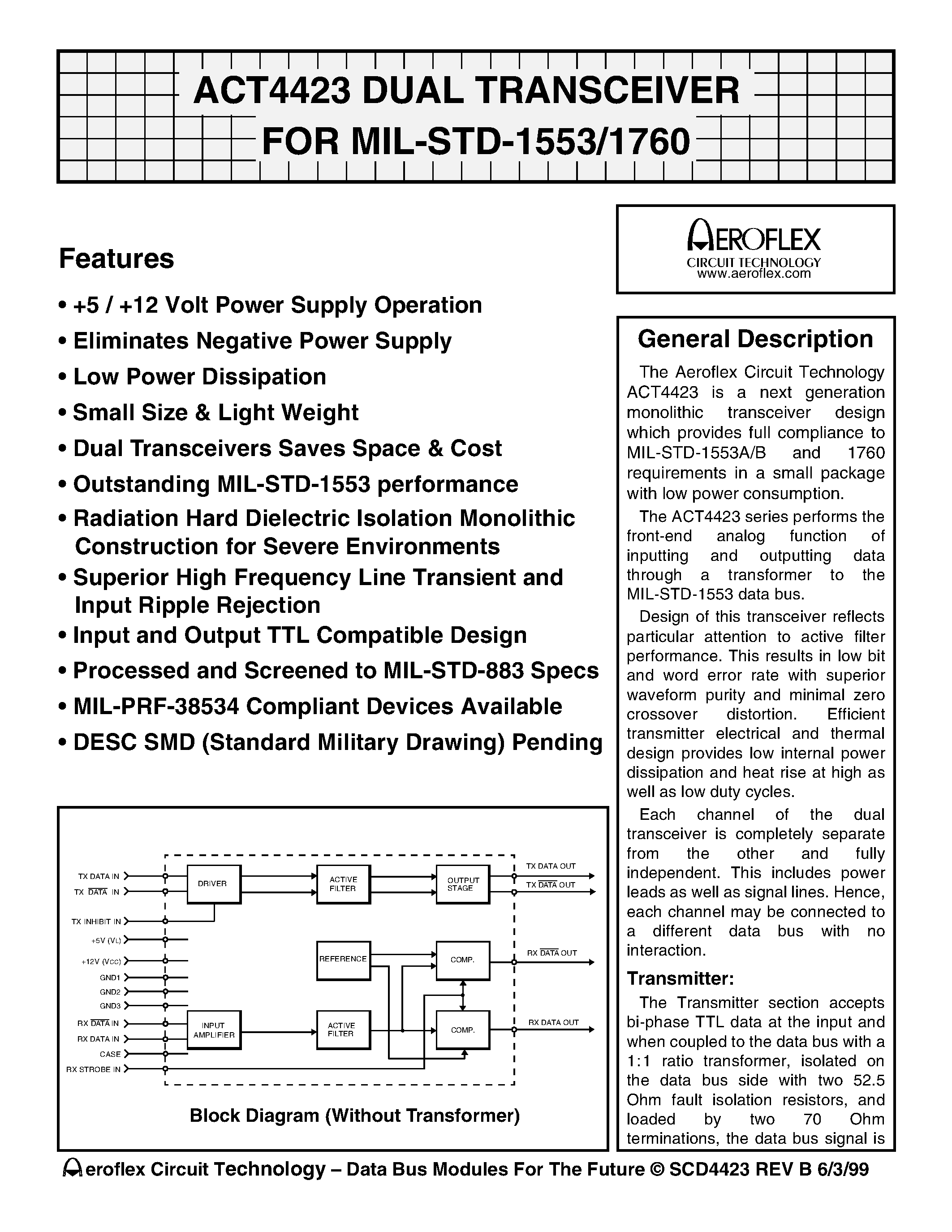 Datasheet ACT4423-DI page 1 Datasheet ACT4423-DI - ACT4423 DUAL TRANSCEIVER FOR MIL-STD-1553/1760 page 1